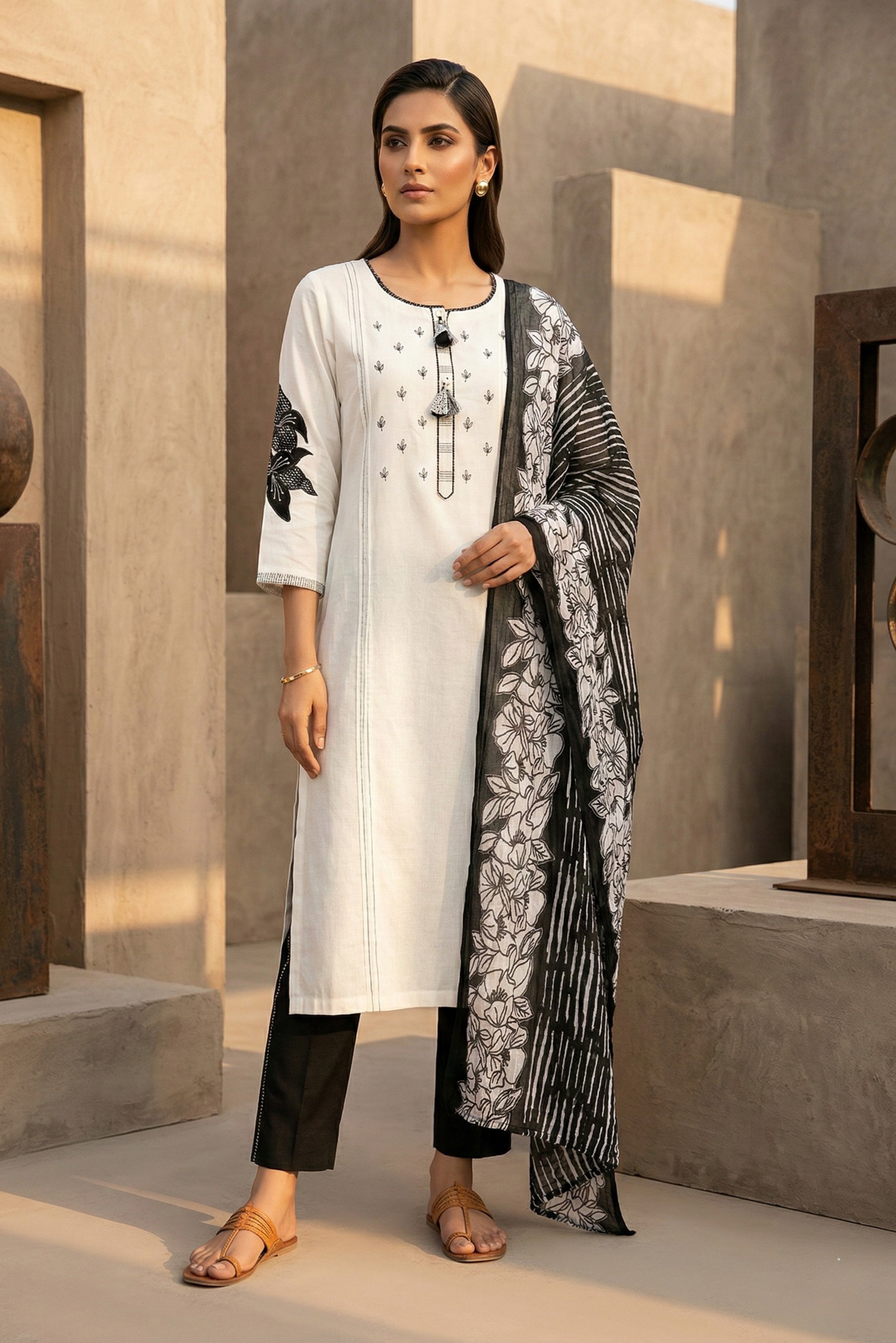 White Cotton Straight Suit Set