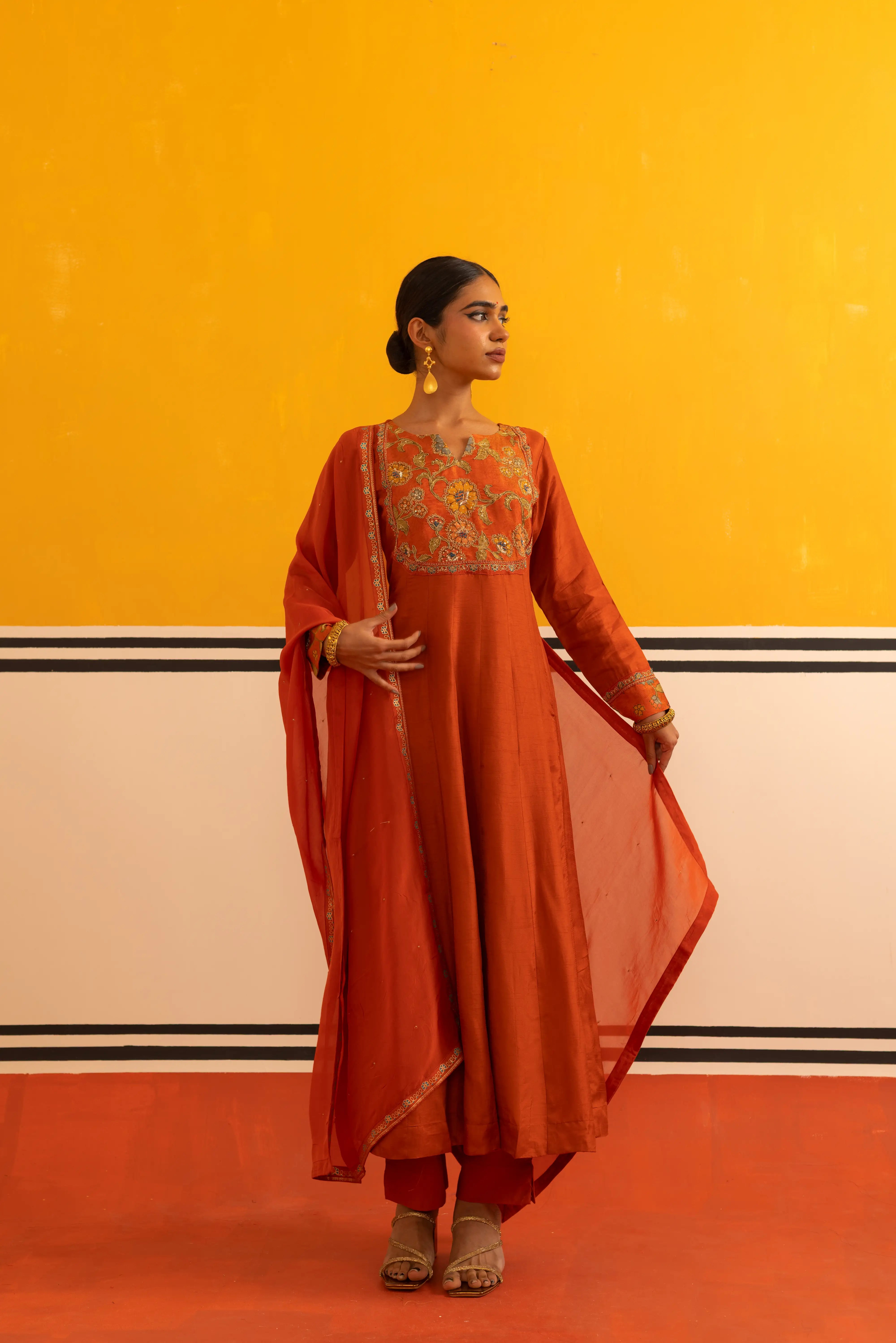 Rust Silk Flared Suit Set