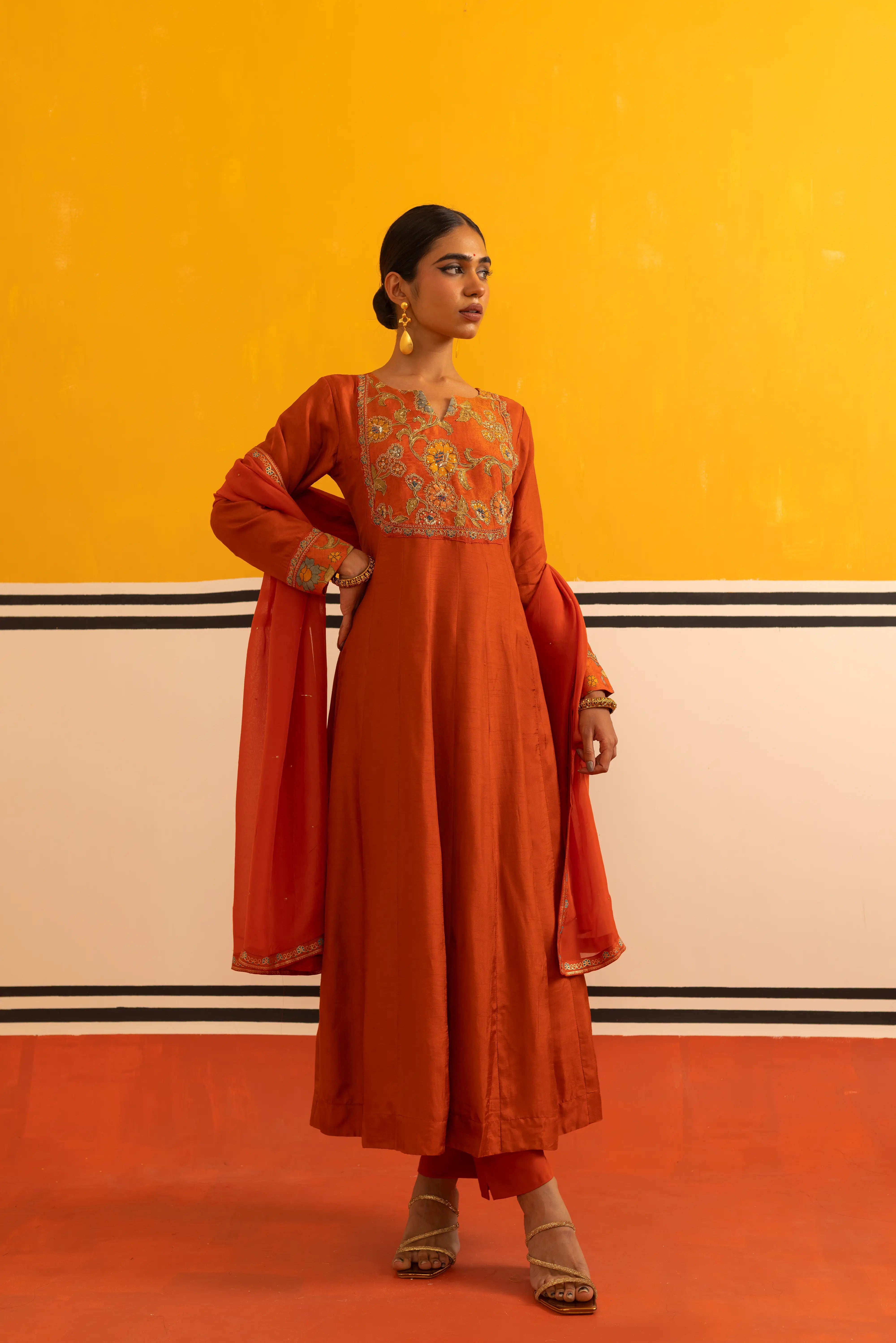Rust Silk Flared Suit Set