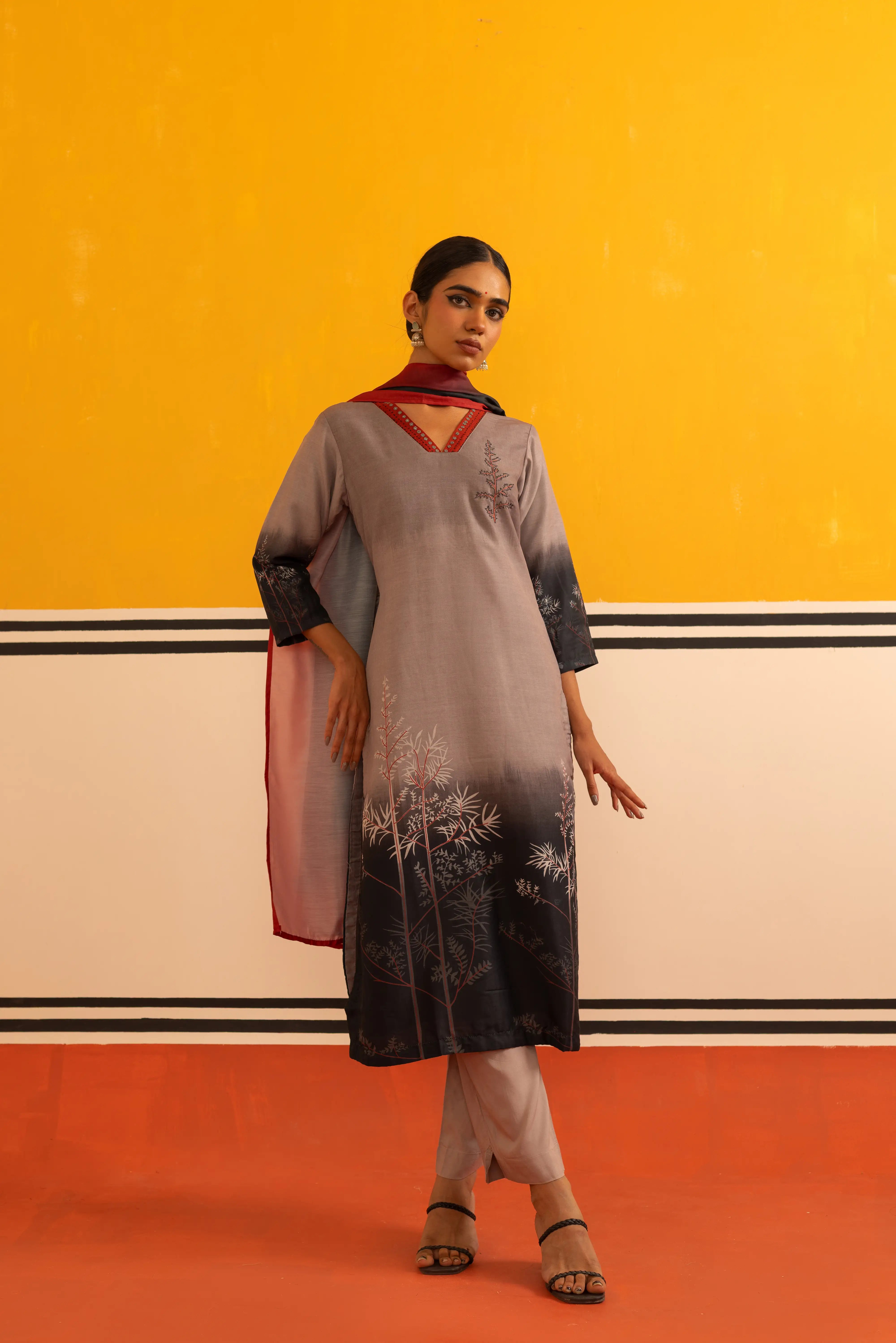 Black Muslin Straight Suit Set