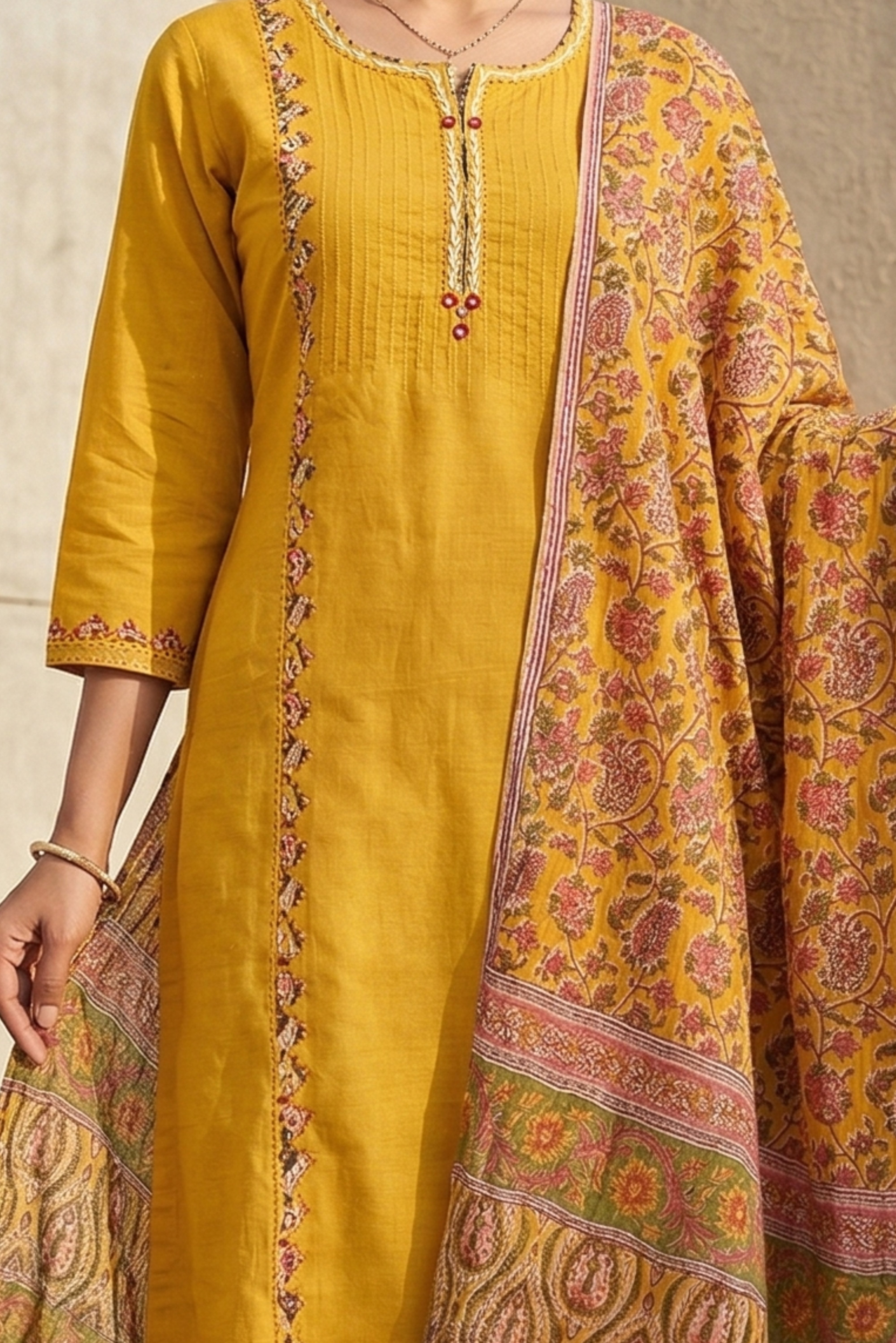 Yellow Patchwork Cotton Straight Suit Set