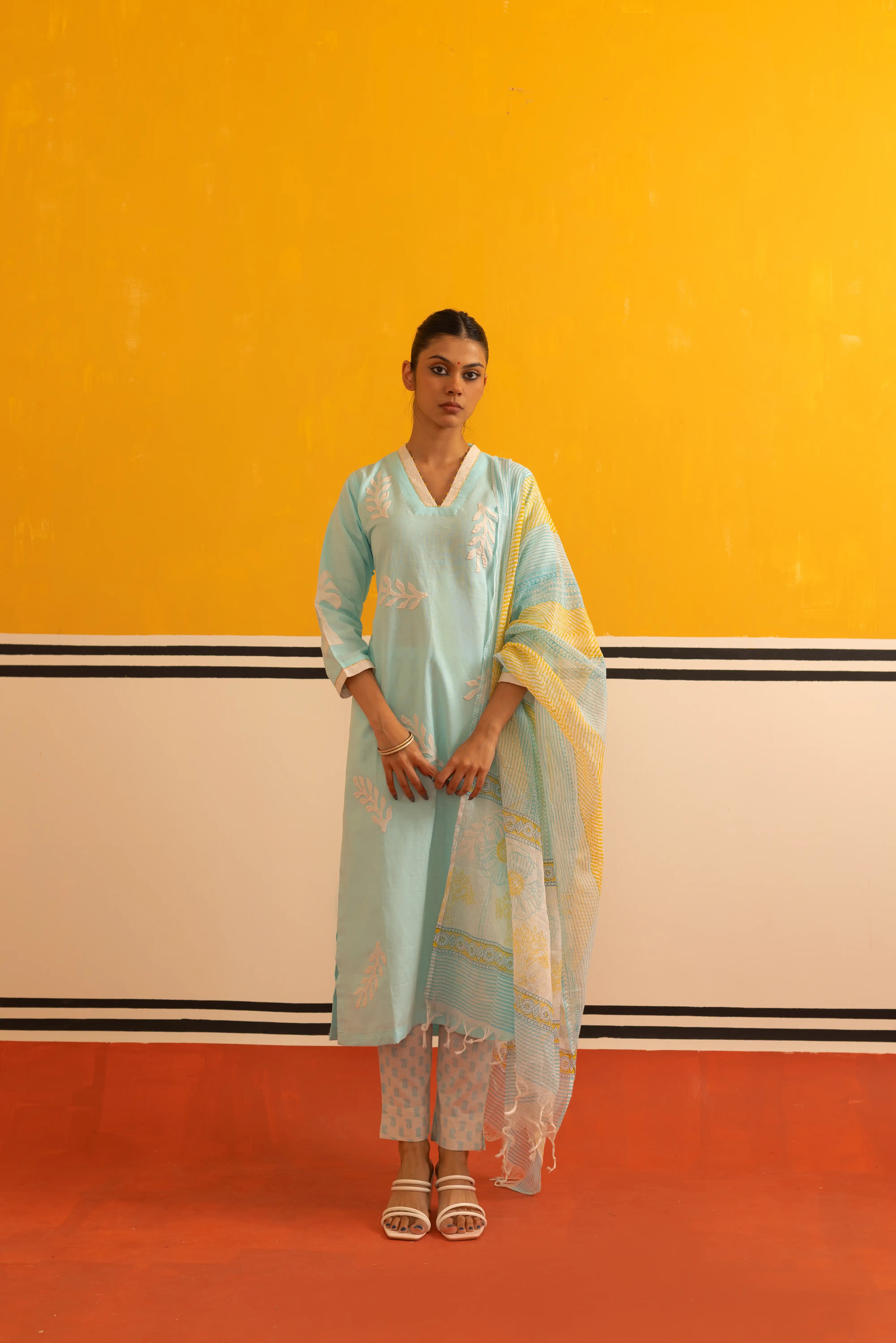 Sky Blue Linen Straight Suit Set