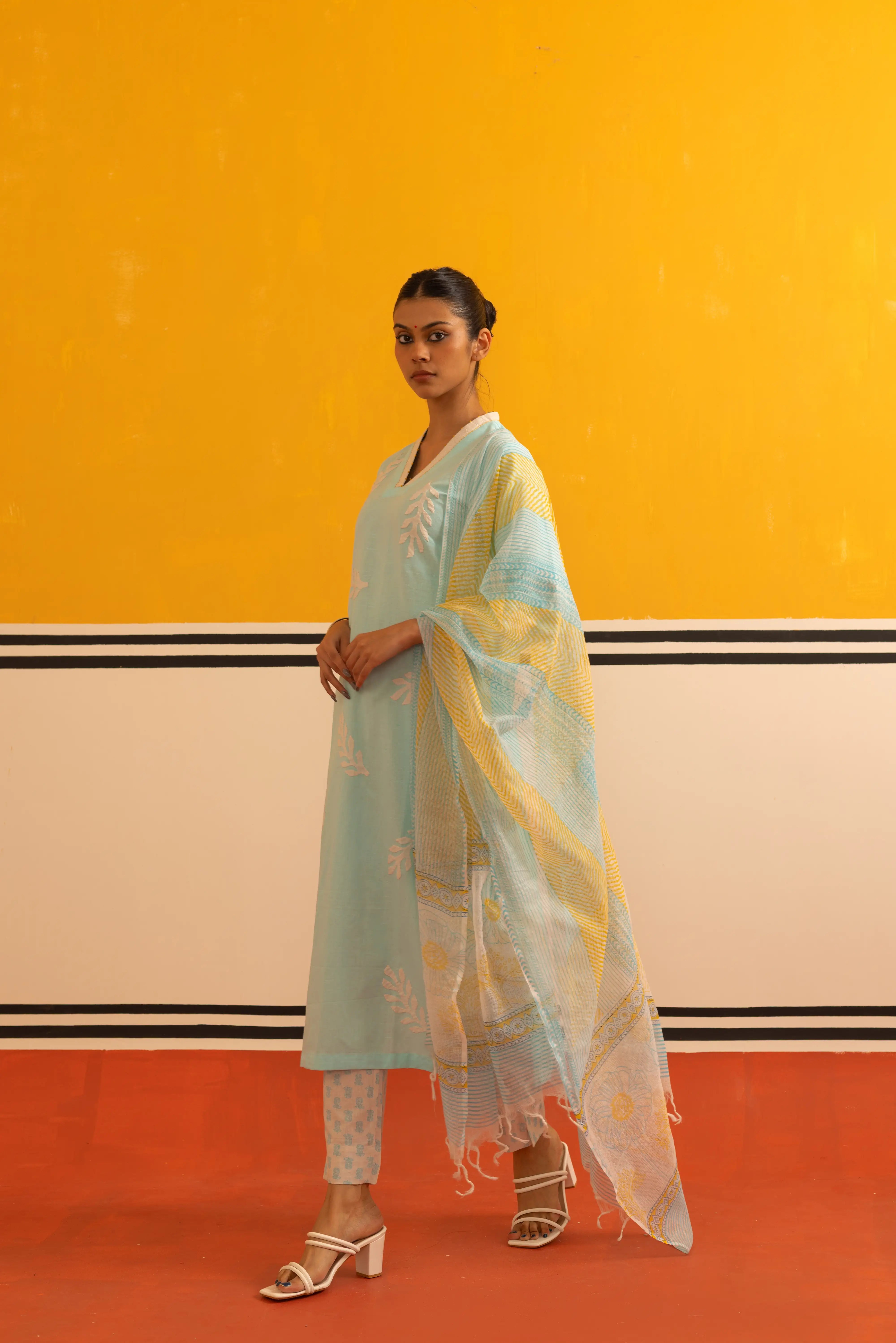 Sky Blue Linen Straight Suit Set