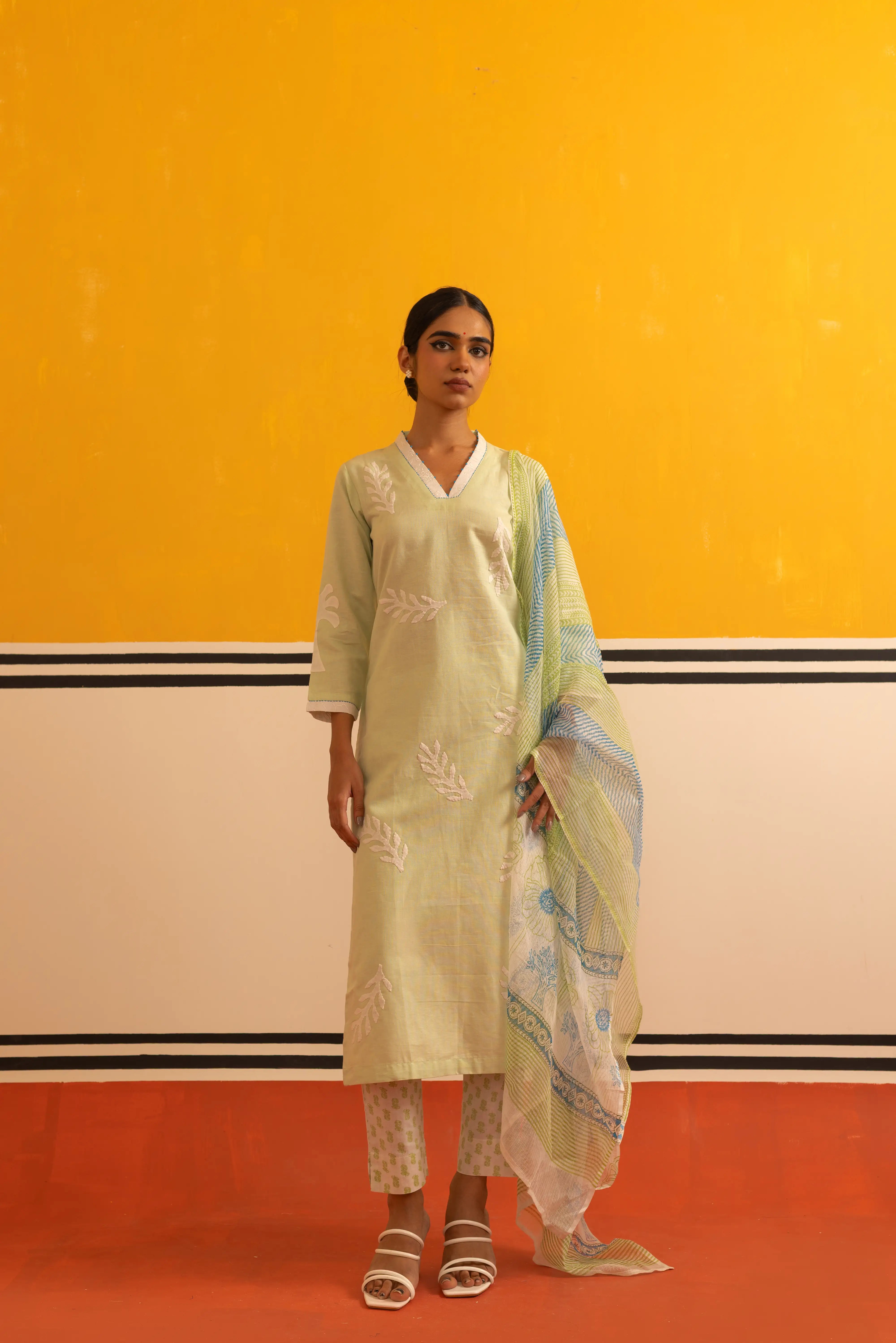 C. Green Linen Straight Suit Set