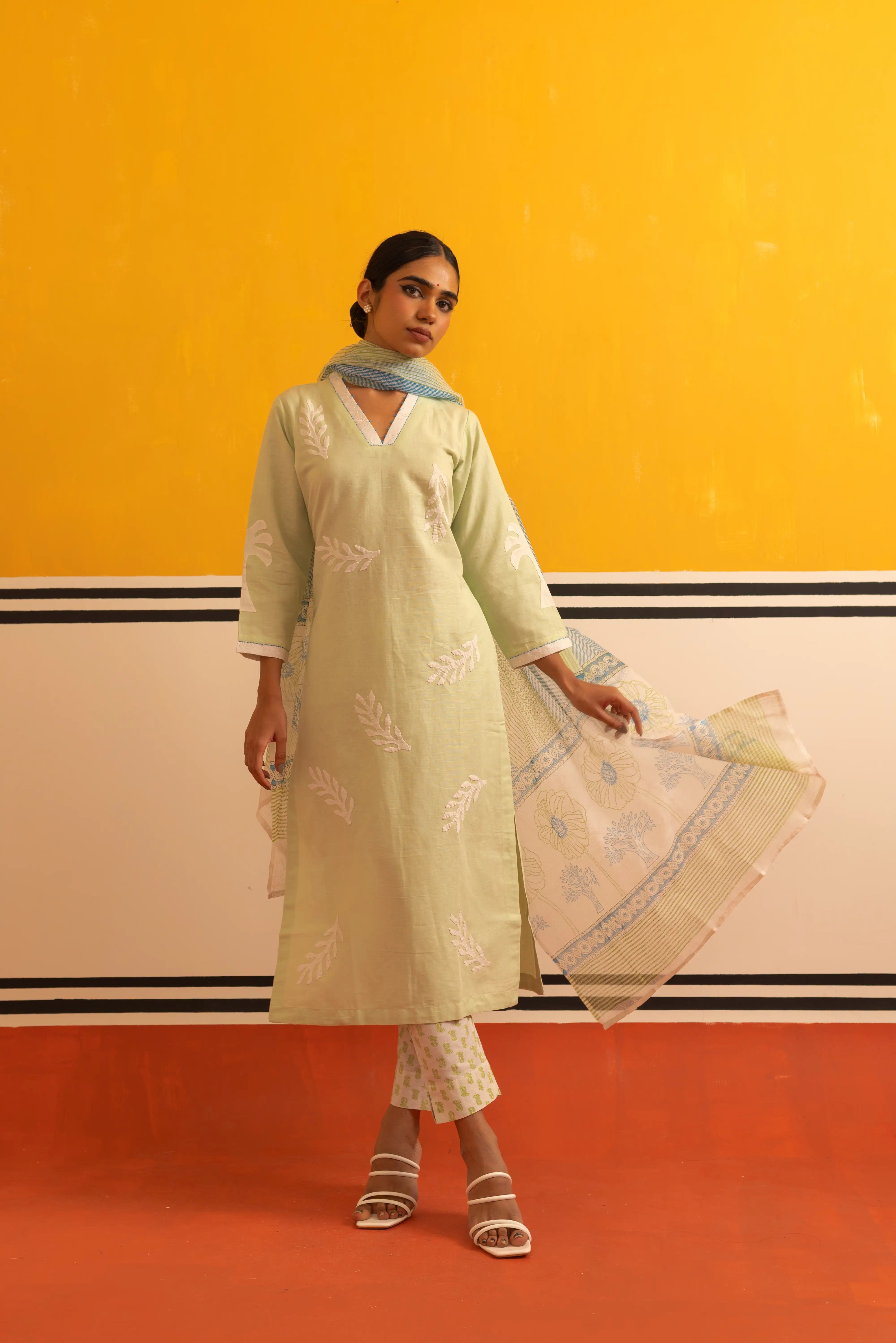 C. Green Linen Straight Suit Set