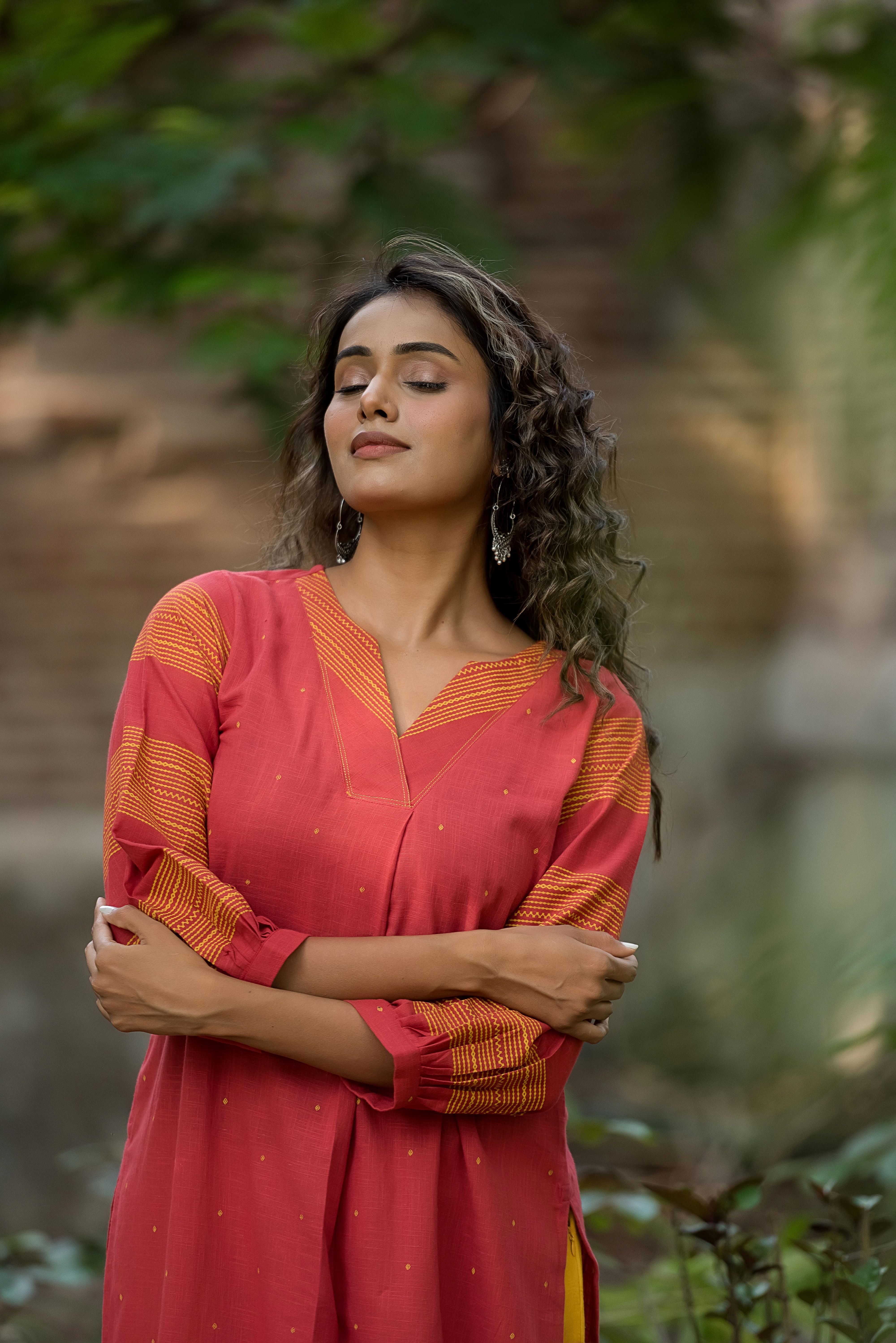 Linen Red Box Pattern Kurti