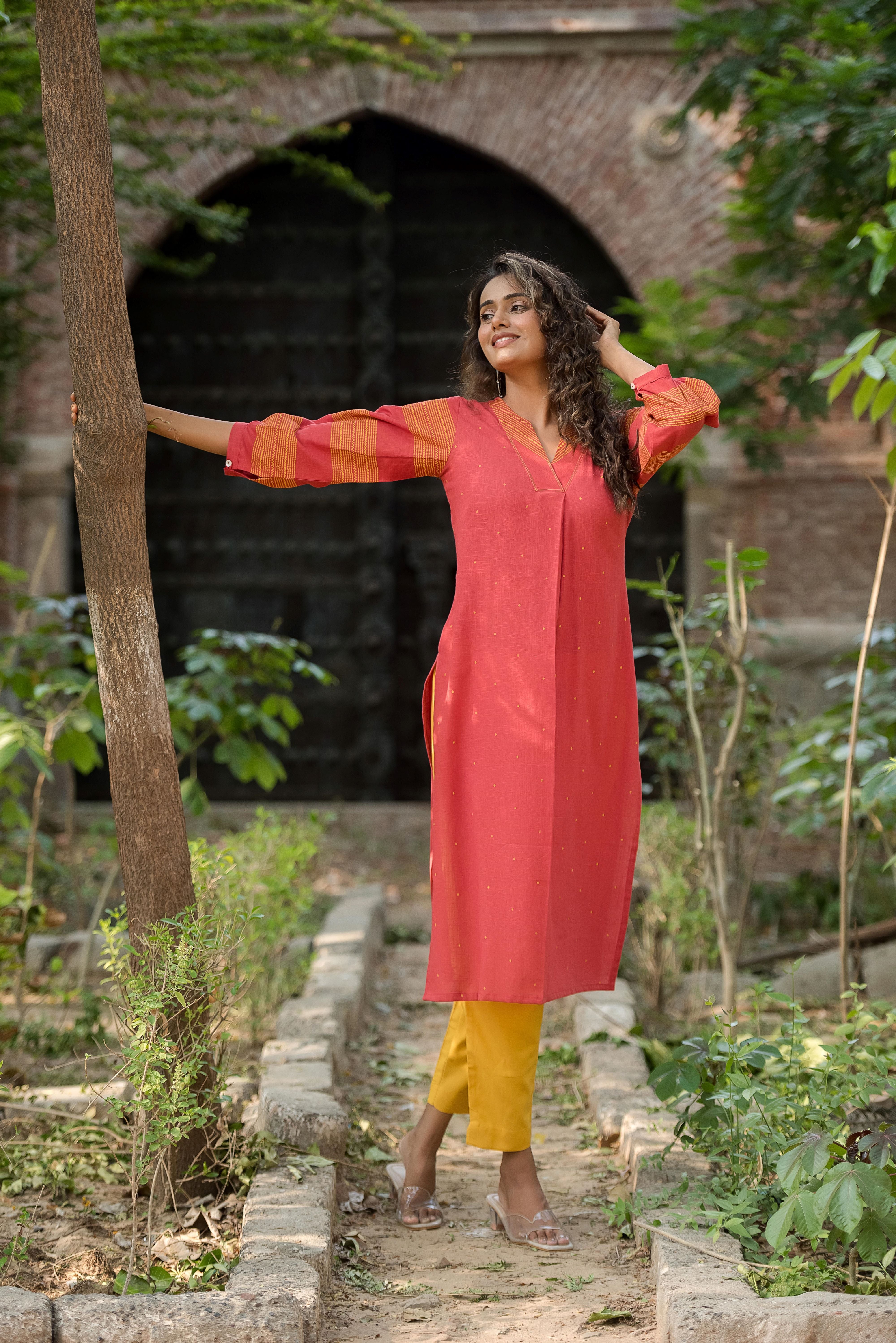 Linen Red Box Pattern Kurti