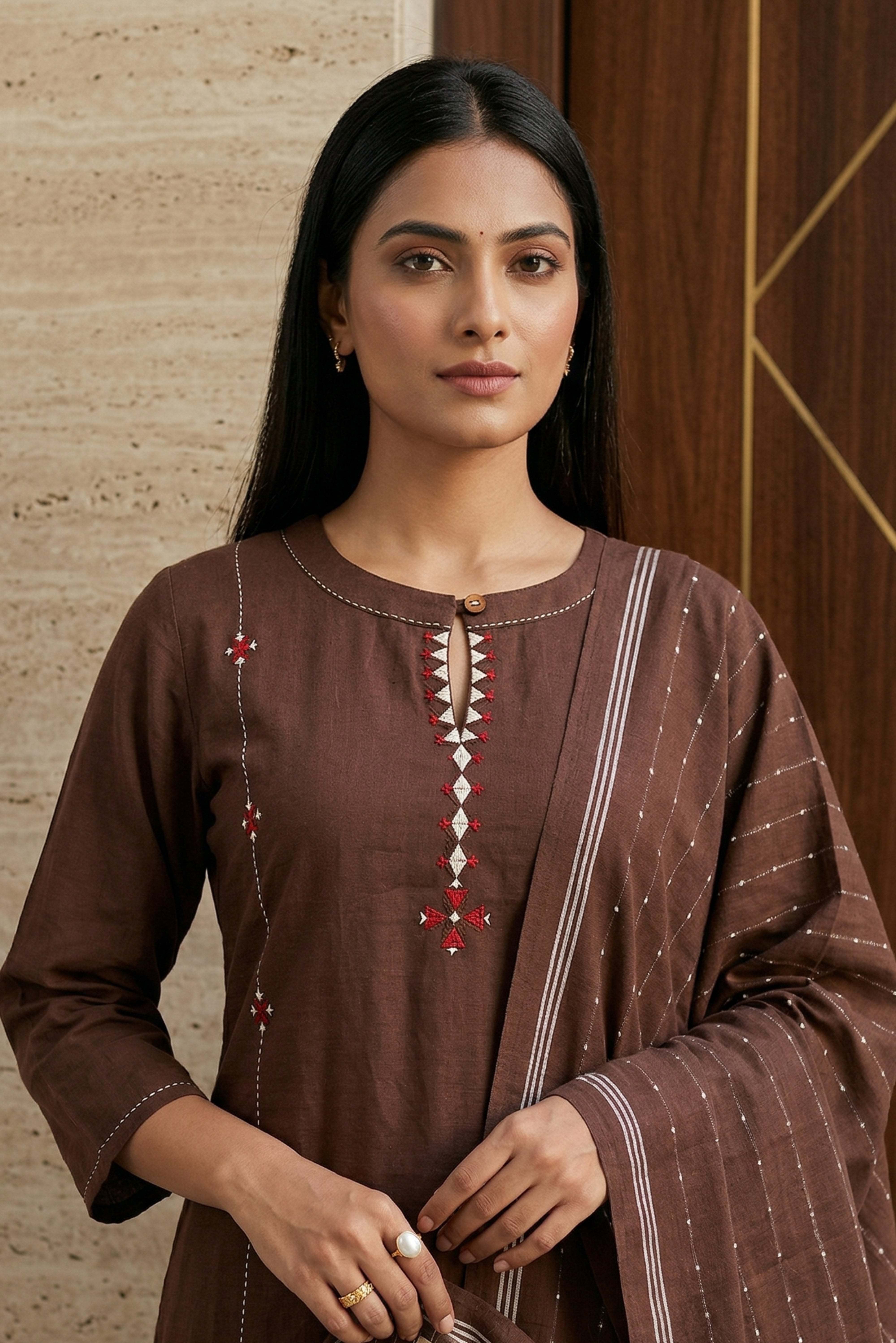 Brown Cotton Straight Salwar Suit