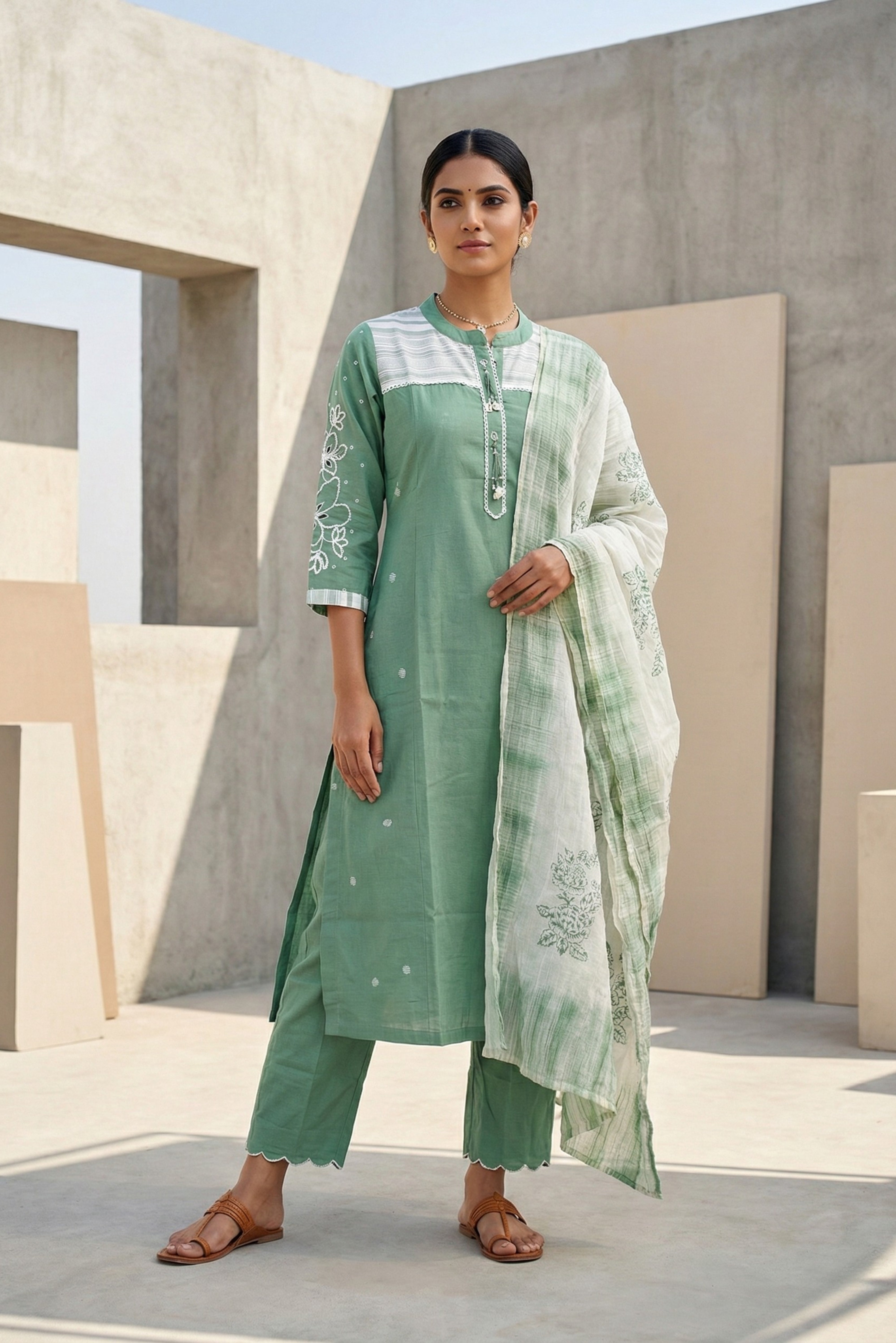 Green A-line Cotton Suit Set