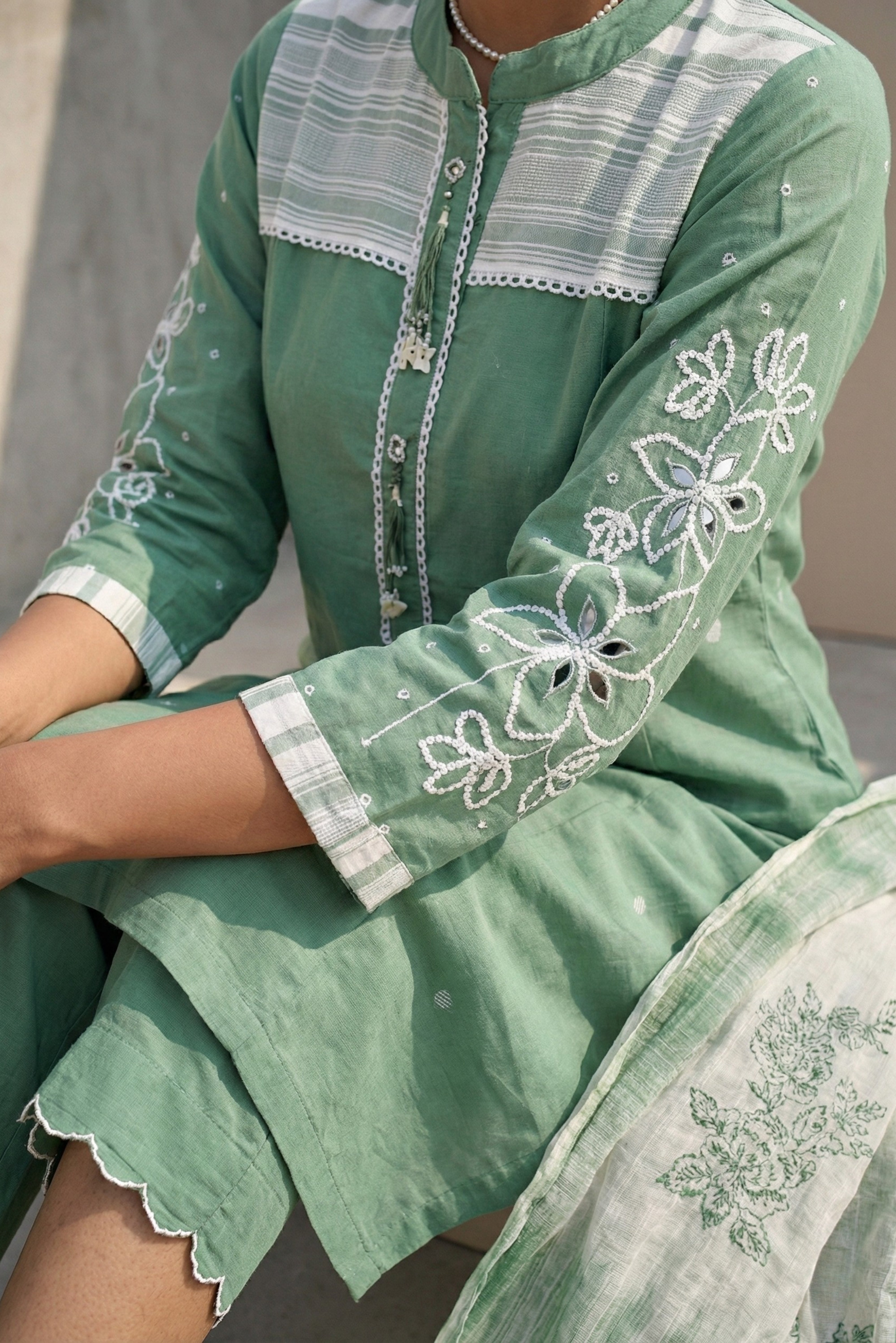 Green A-line Cotton Suit Set