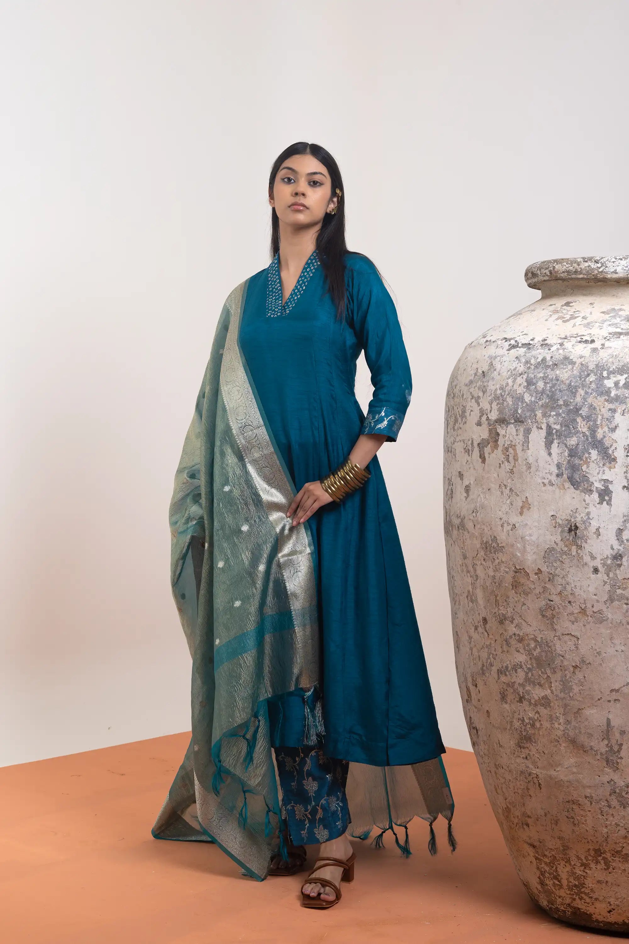 PAYAL Peacock Blue Kurta Suit Set with Banarasi Dupatta
