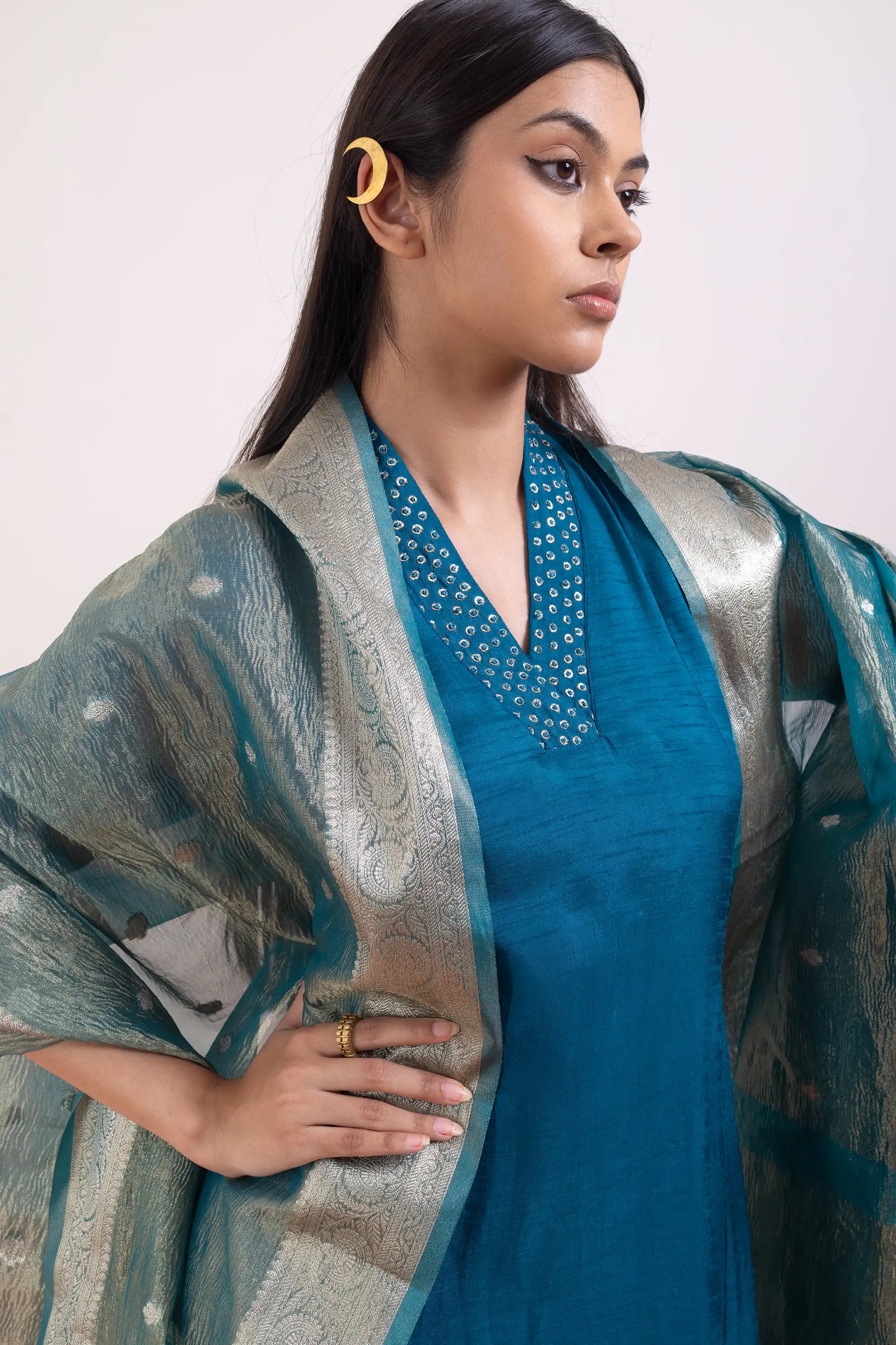 PAYAL Peacock Blue Kurta Suit Set with Banarasi Dupatta