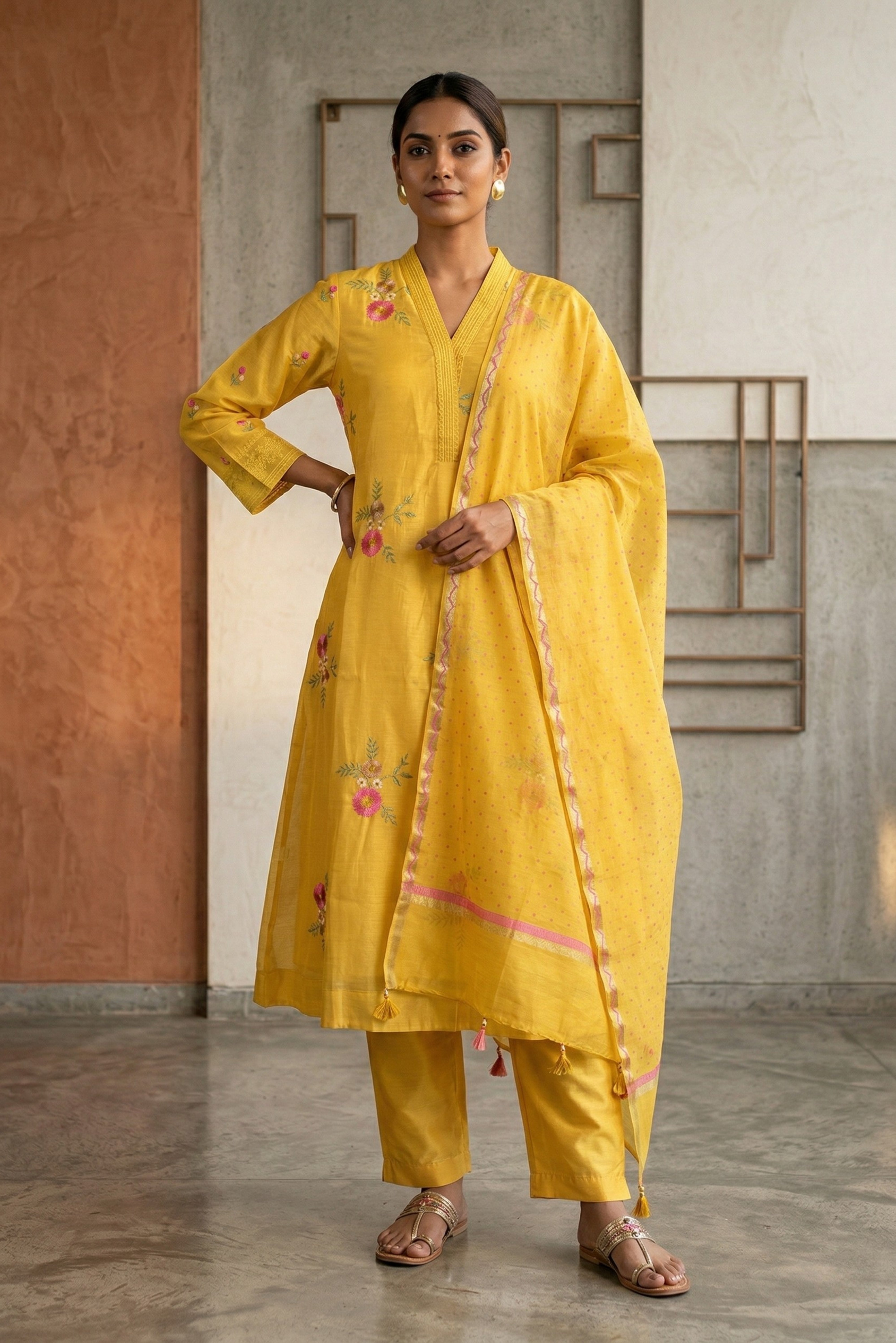Lemon Chanderi A-Line Suit Set