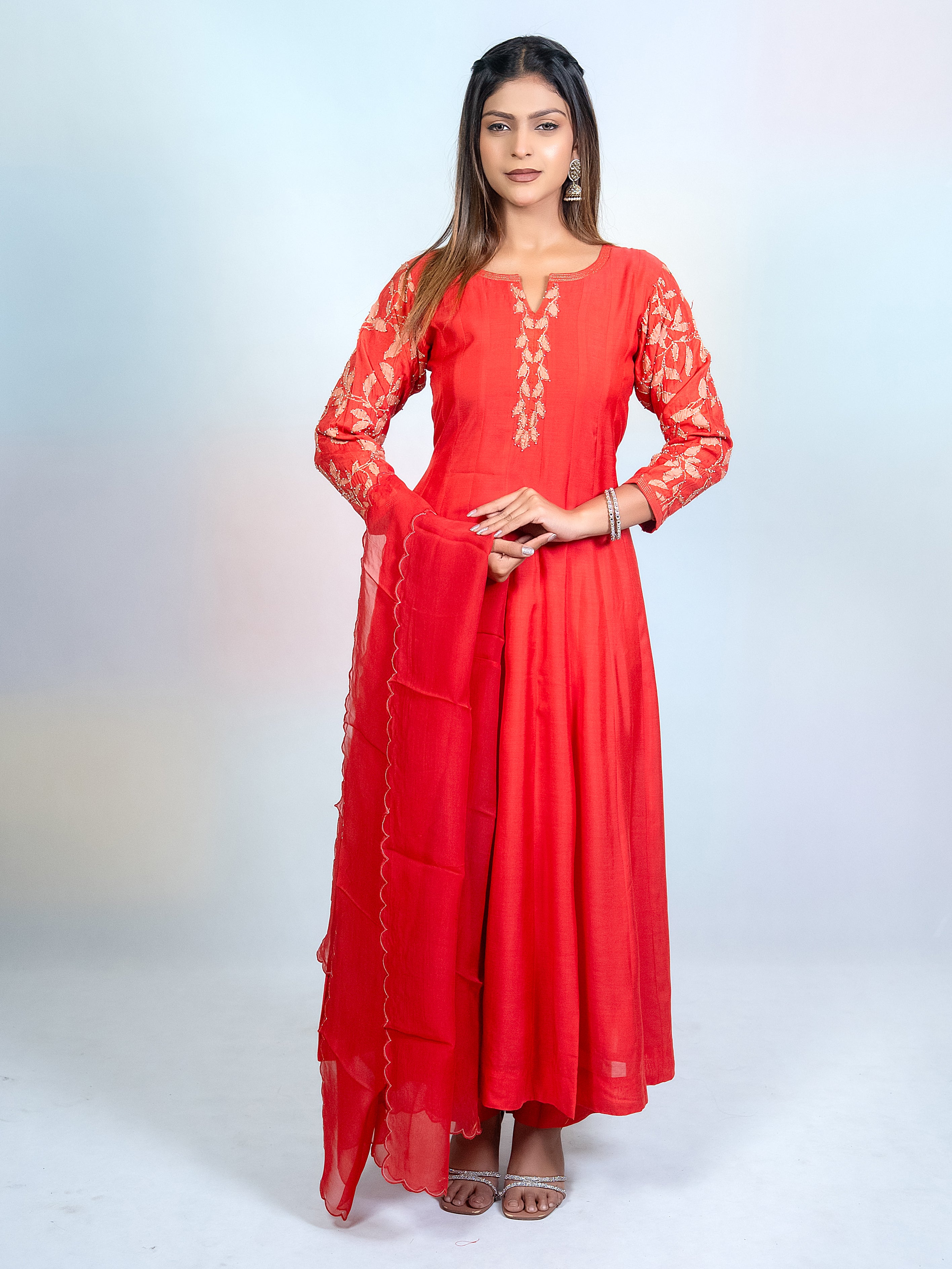 Red Muslin Flared Salwar Suit