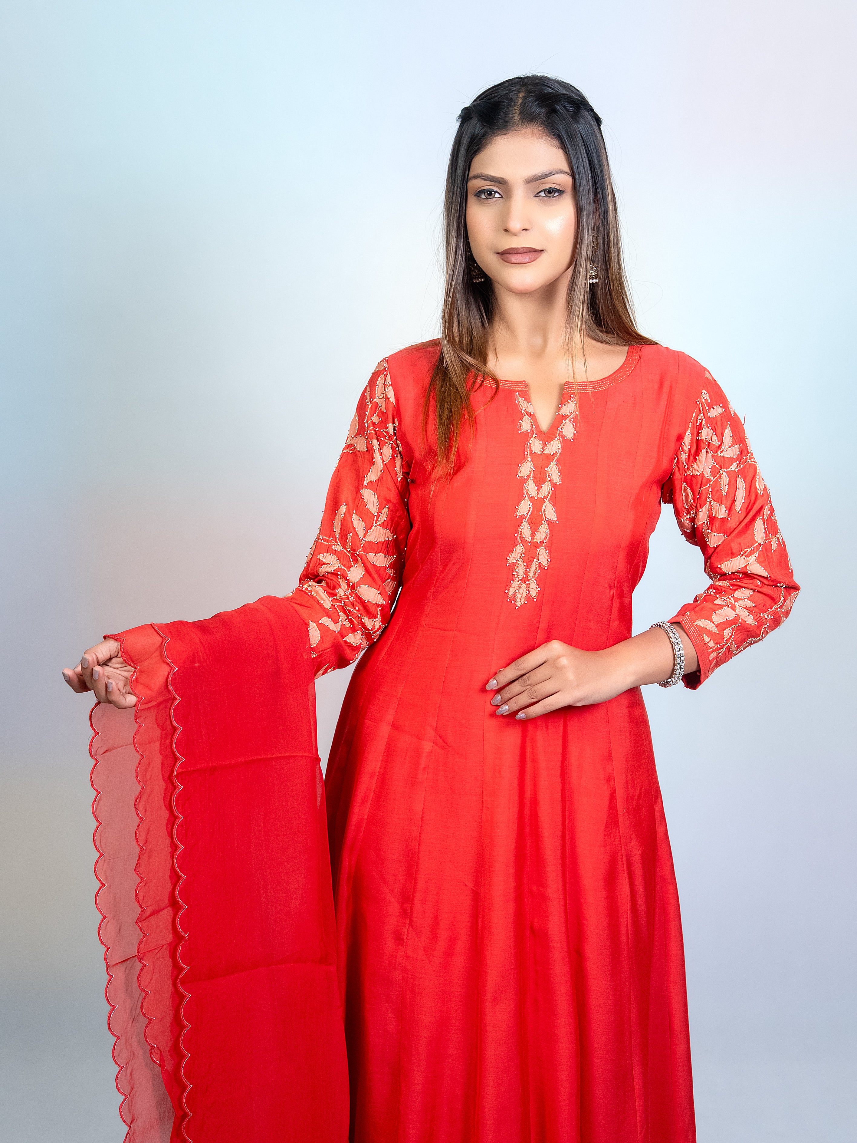 Red Muslin Flared Salwar Suit