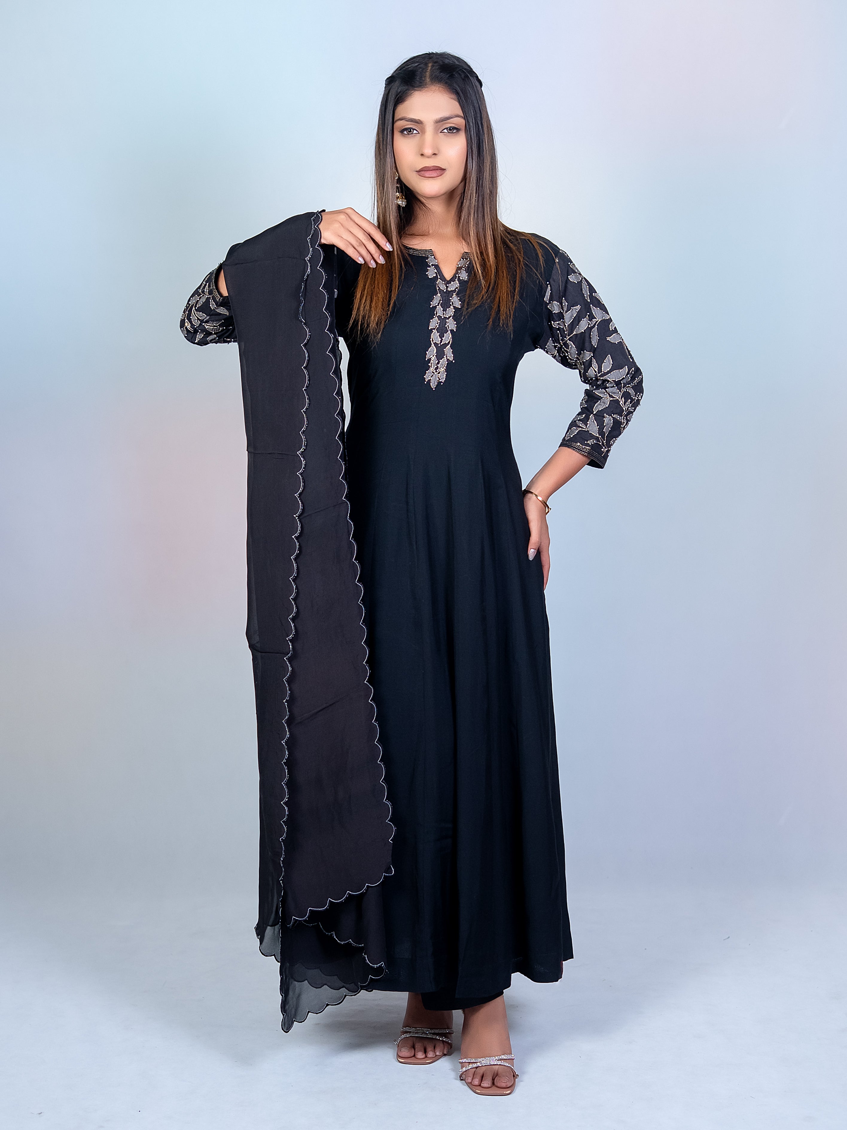 Black Muslin Flared Salwar Suit