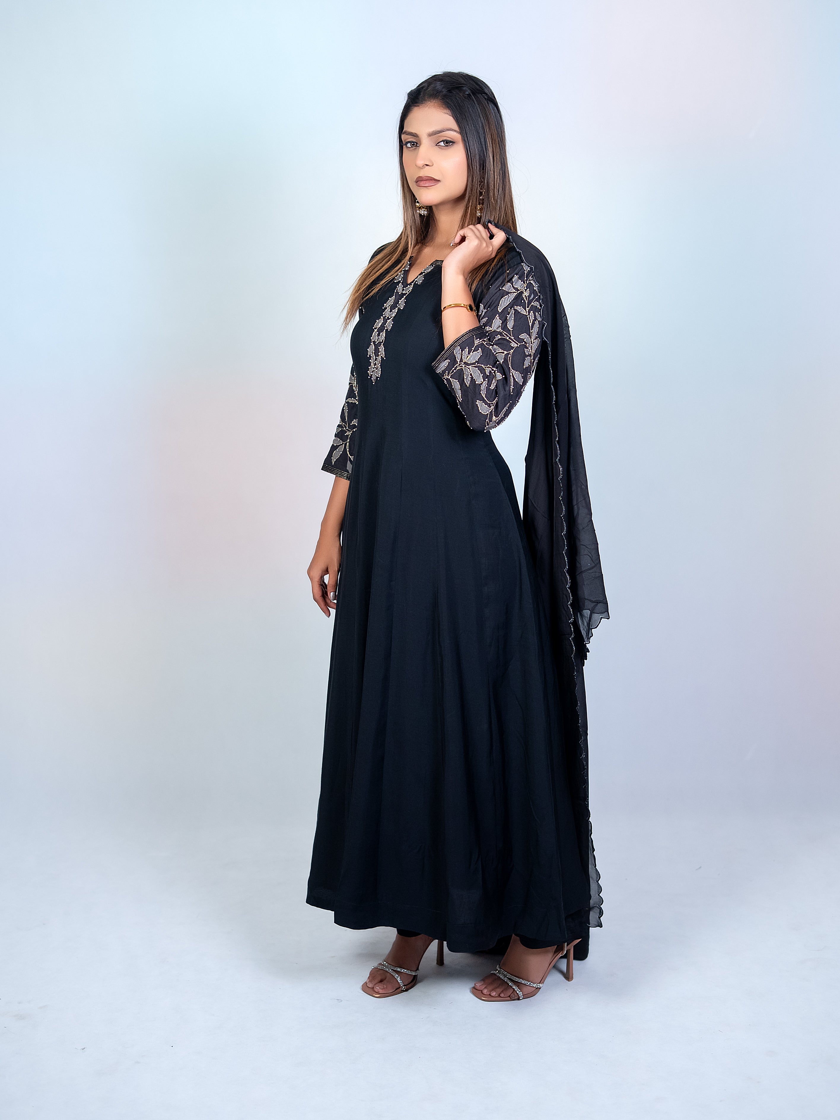 Black Muslin Flared Salwar Suit