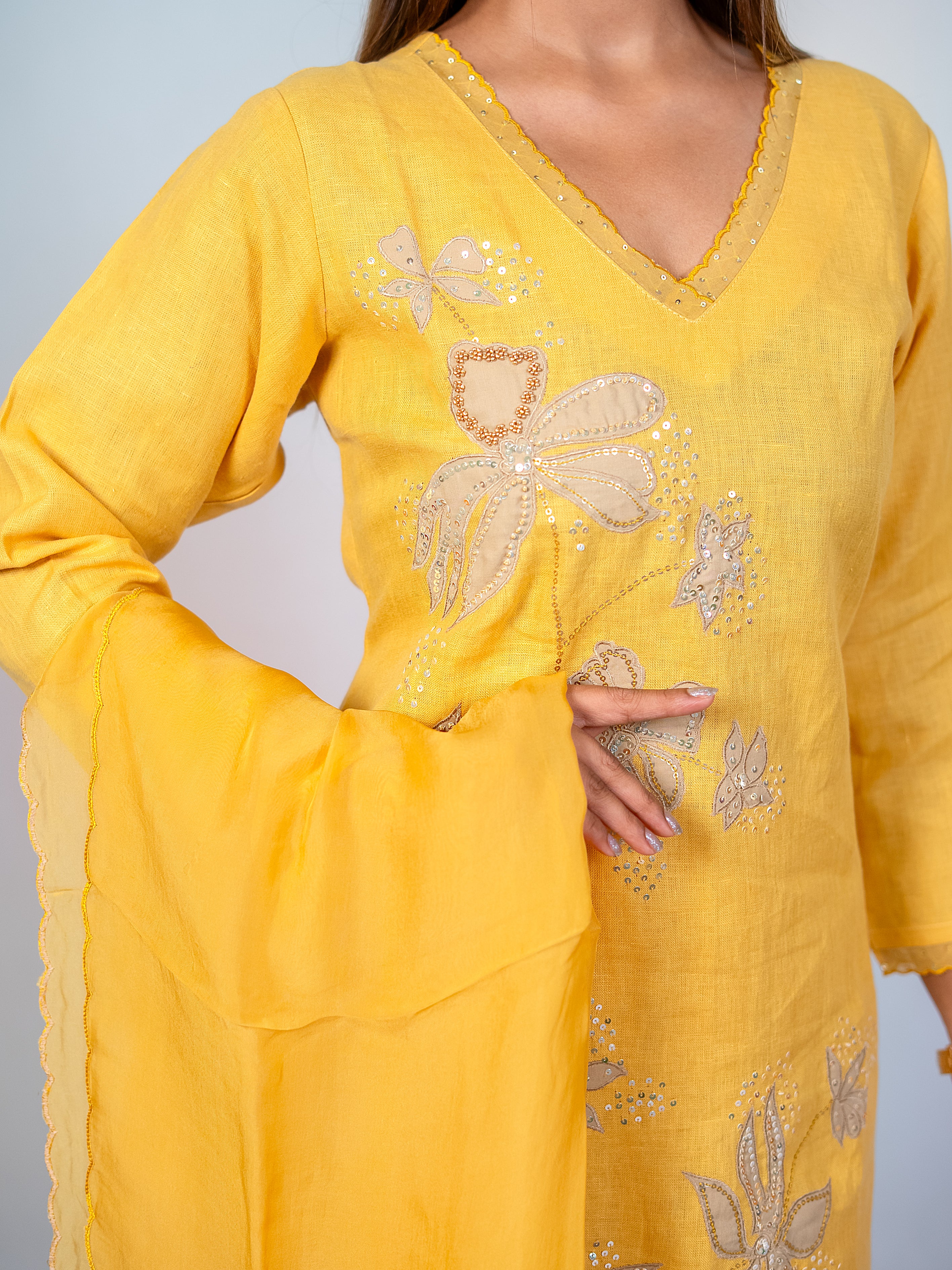 Yellow Linen A-Line Salwar Suit