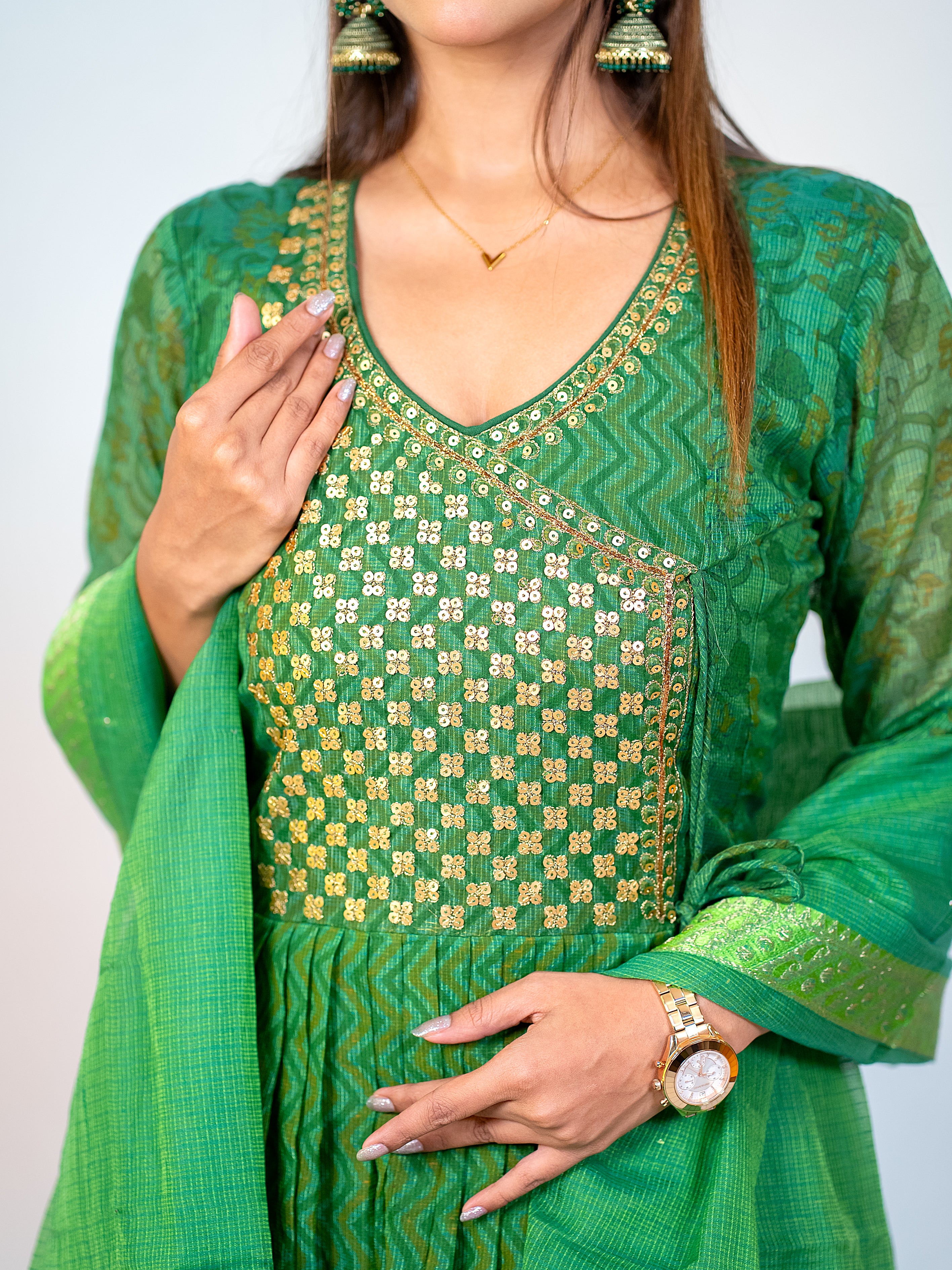 Green Angarkha Kota Checks Festive Suit Set