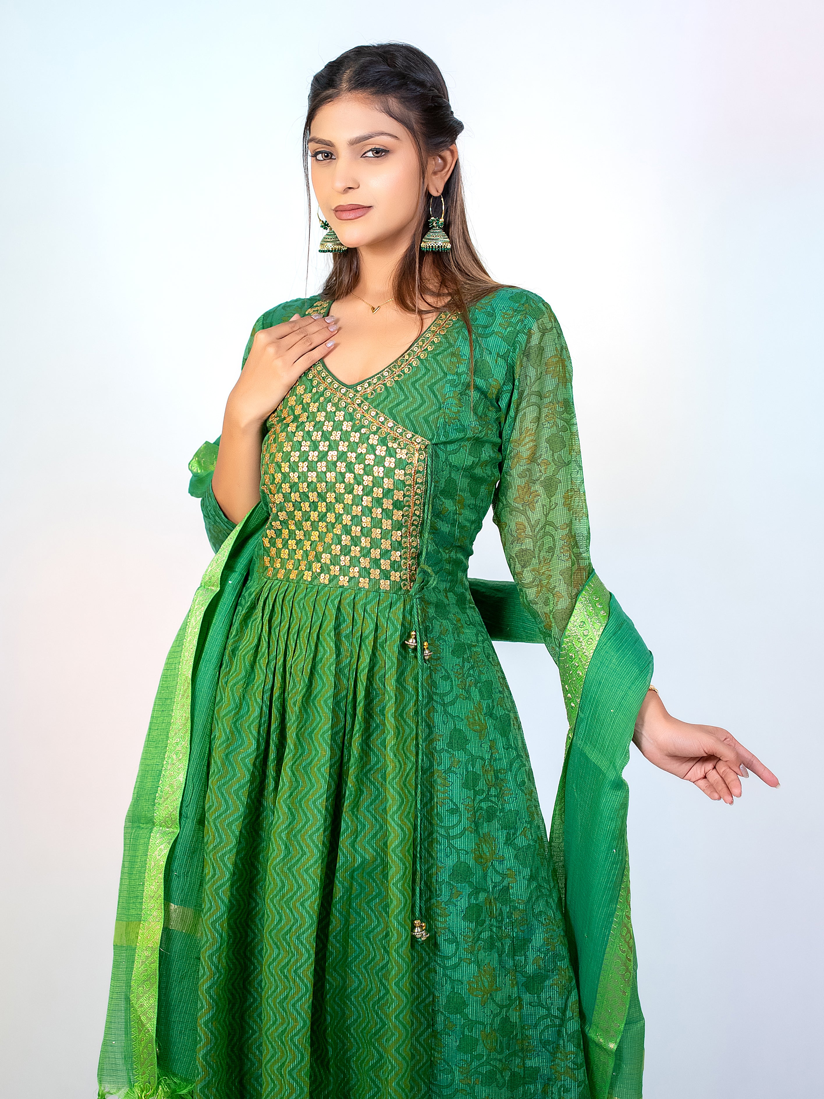 Green Angarkha Kota Checks Festive Suit Set