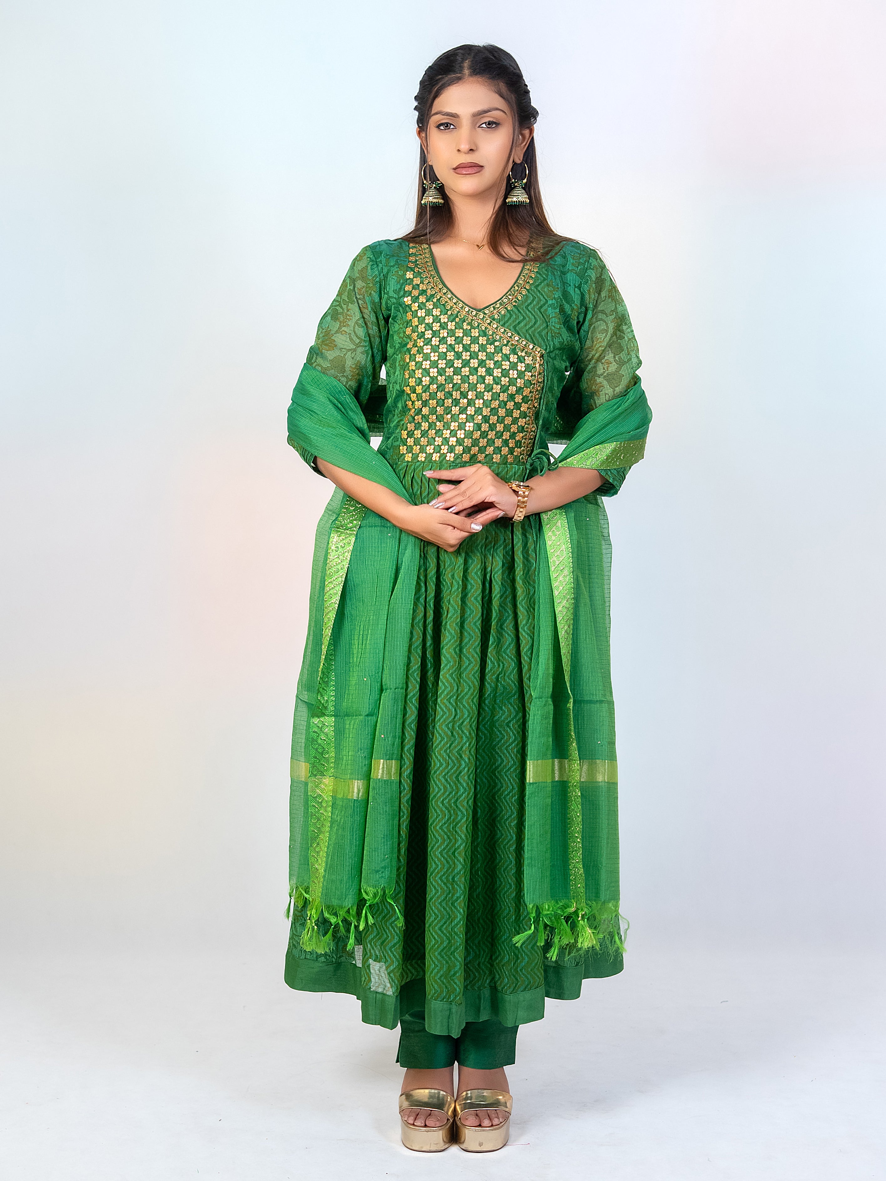 Green Angarkha Kota Checks Festive Suit Set