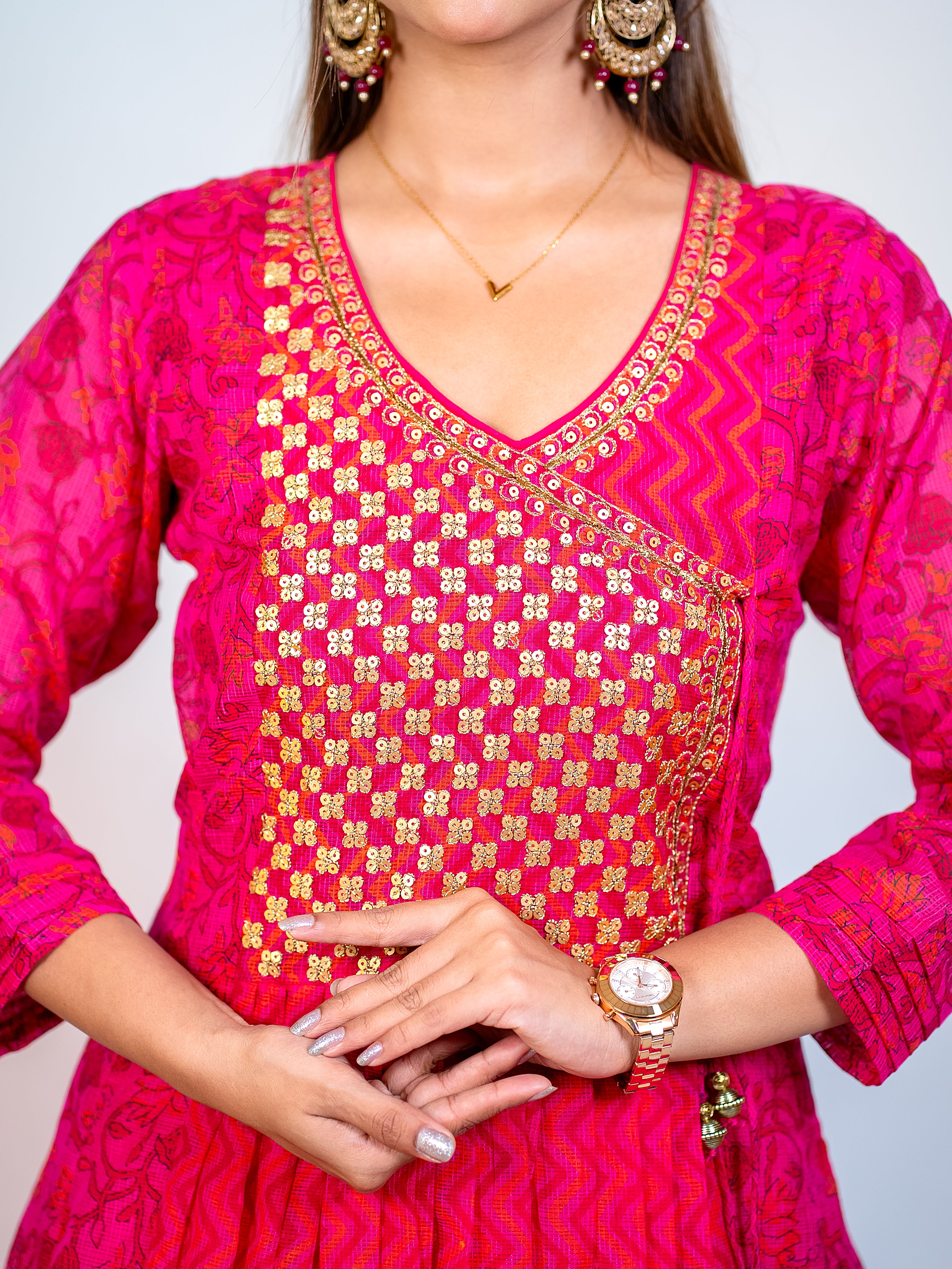Pink Angarkha Kota Checks Festive Suit Set