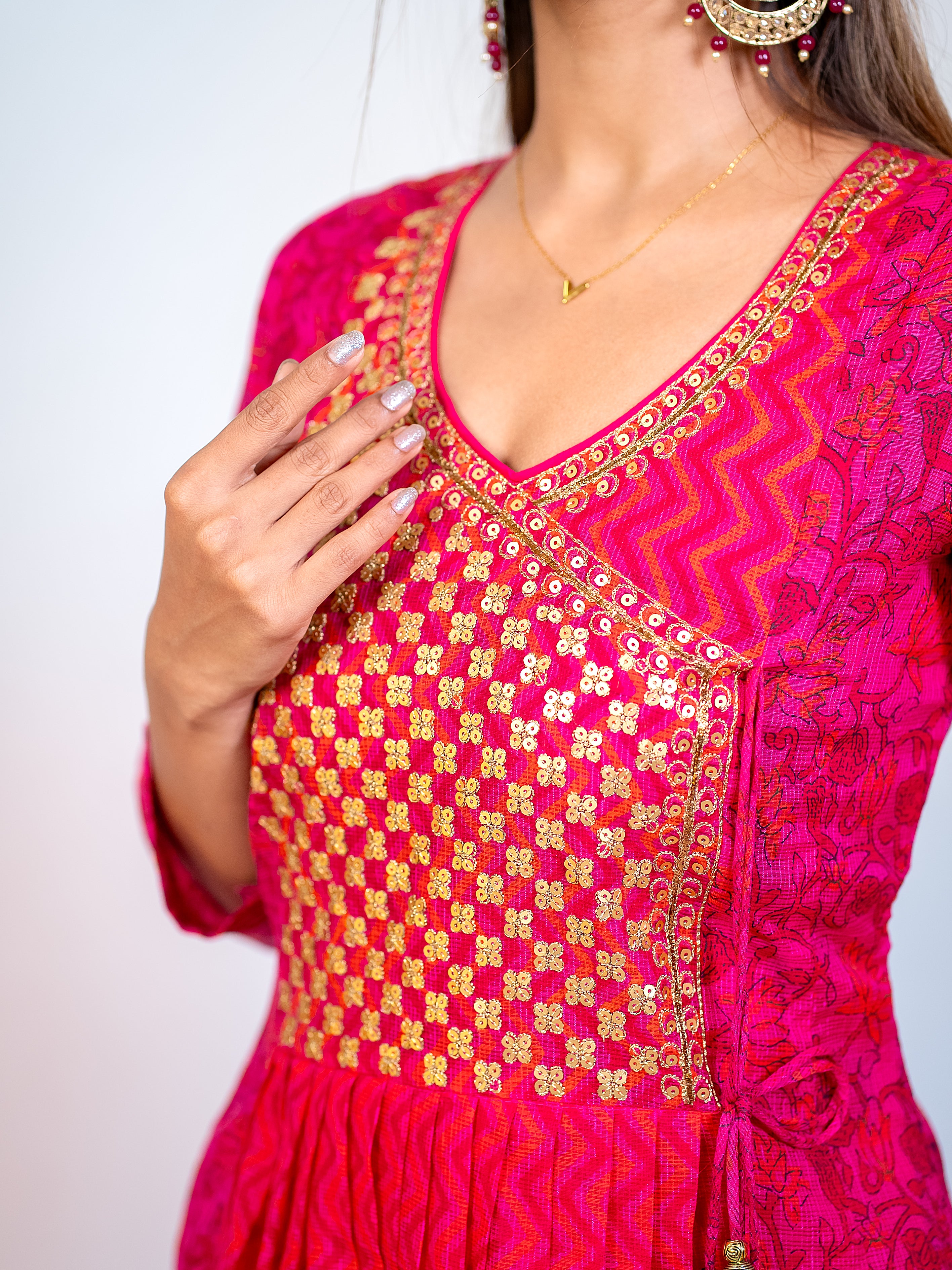 Pink Angarkha Kota Checks Festive Suit Set