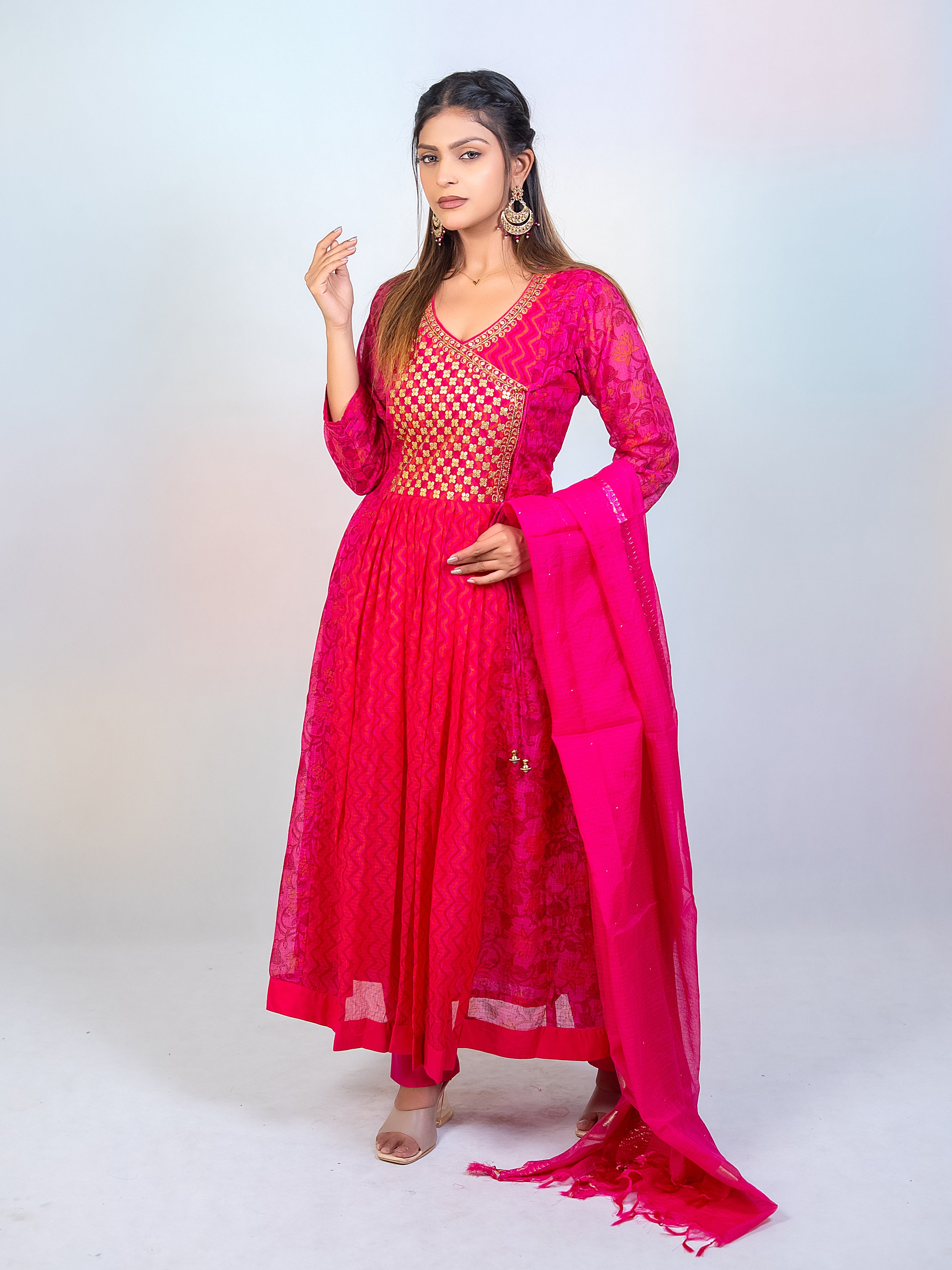 Pink Angarkha Kota Checks Festive Suit Set