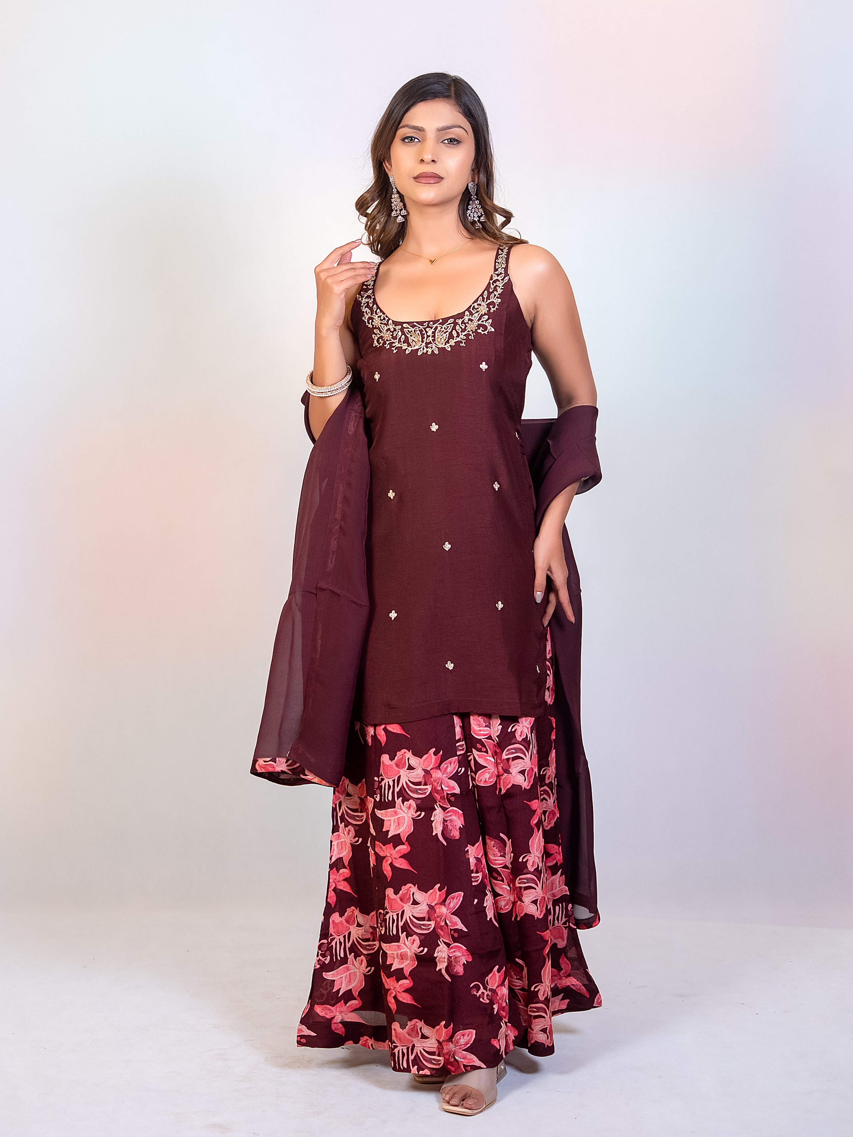 Dola Silk Coffee Short Top & Sharara Set