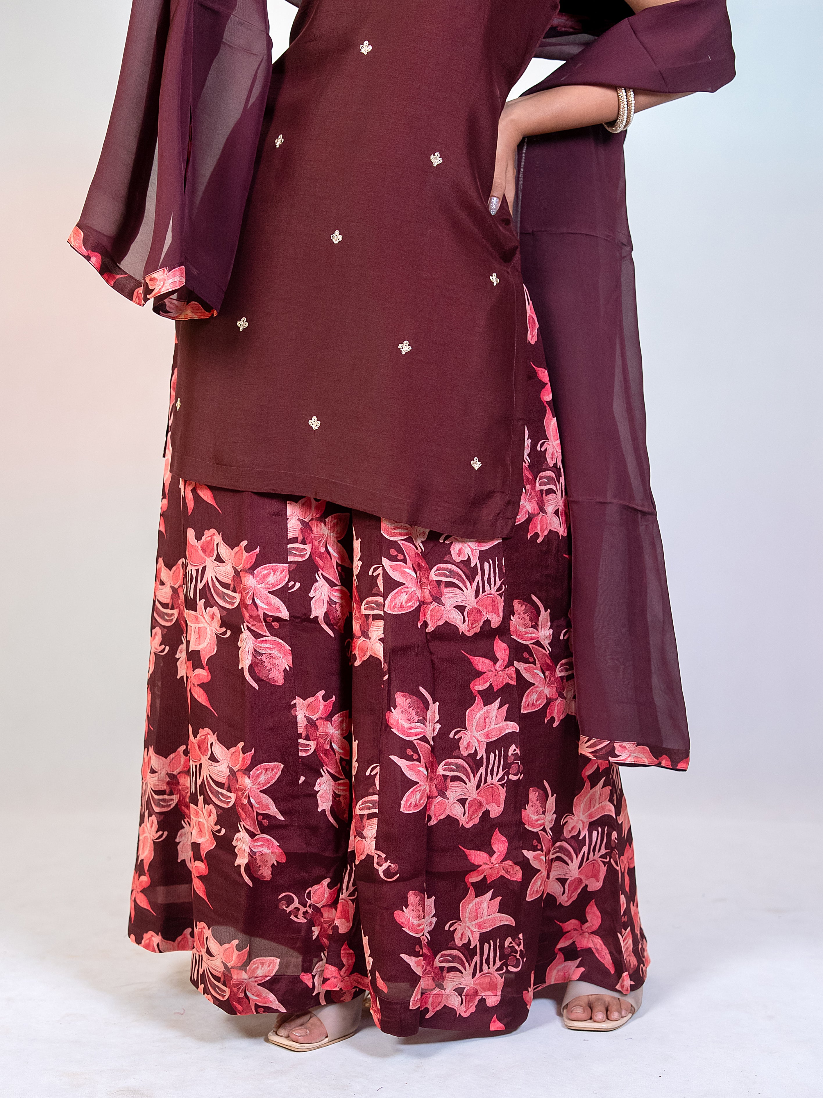 Dola Silk Coffee Short Top & Sharara Set