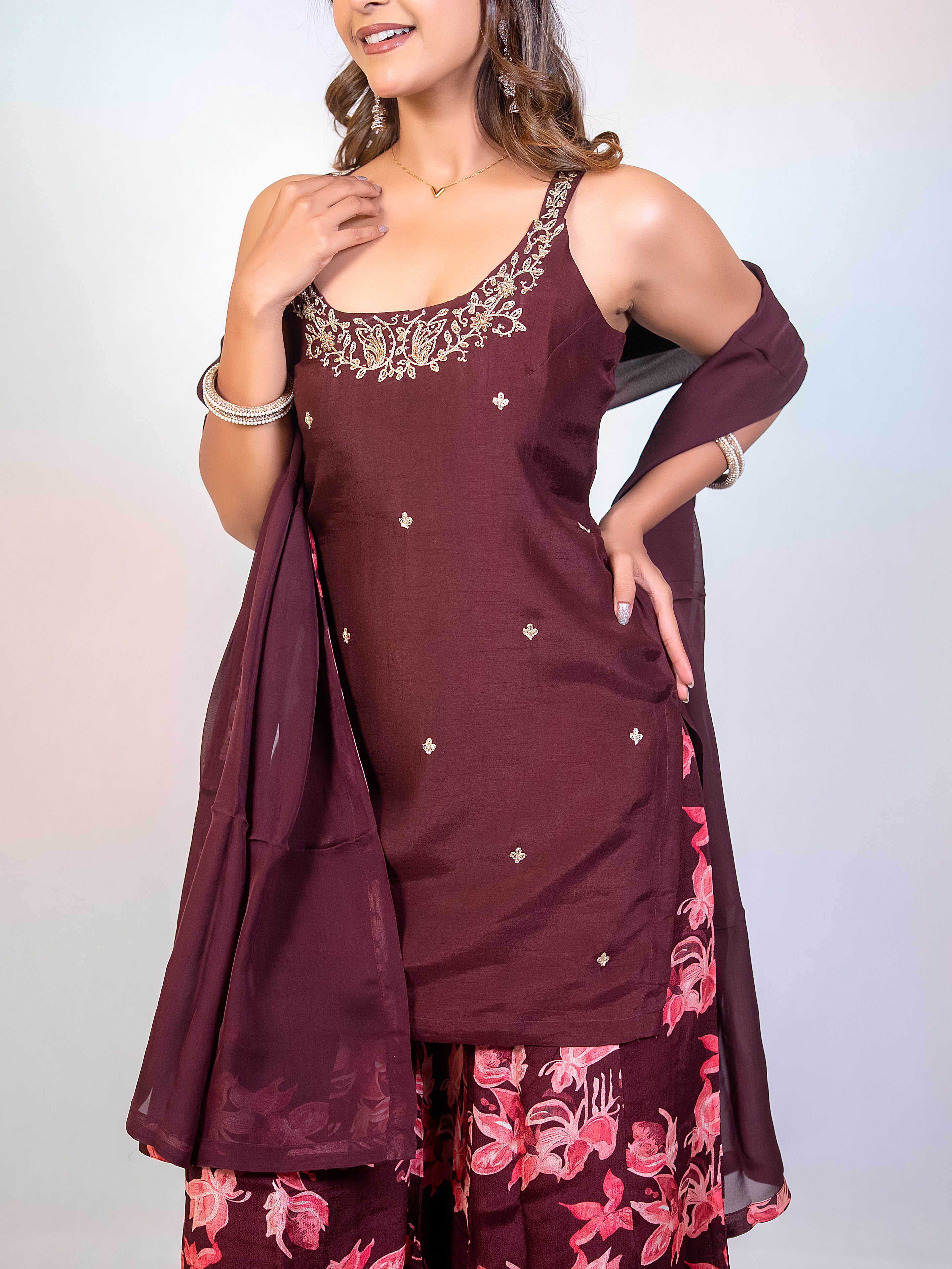 Dola Silk Coffee Short Top & Sharara Set