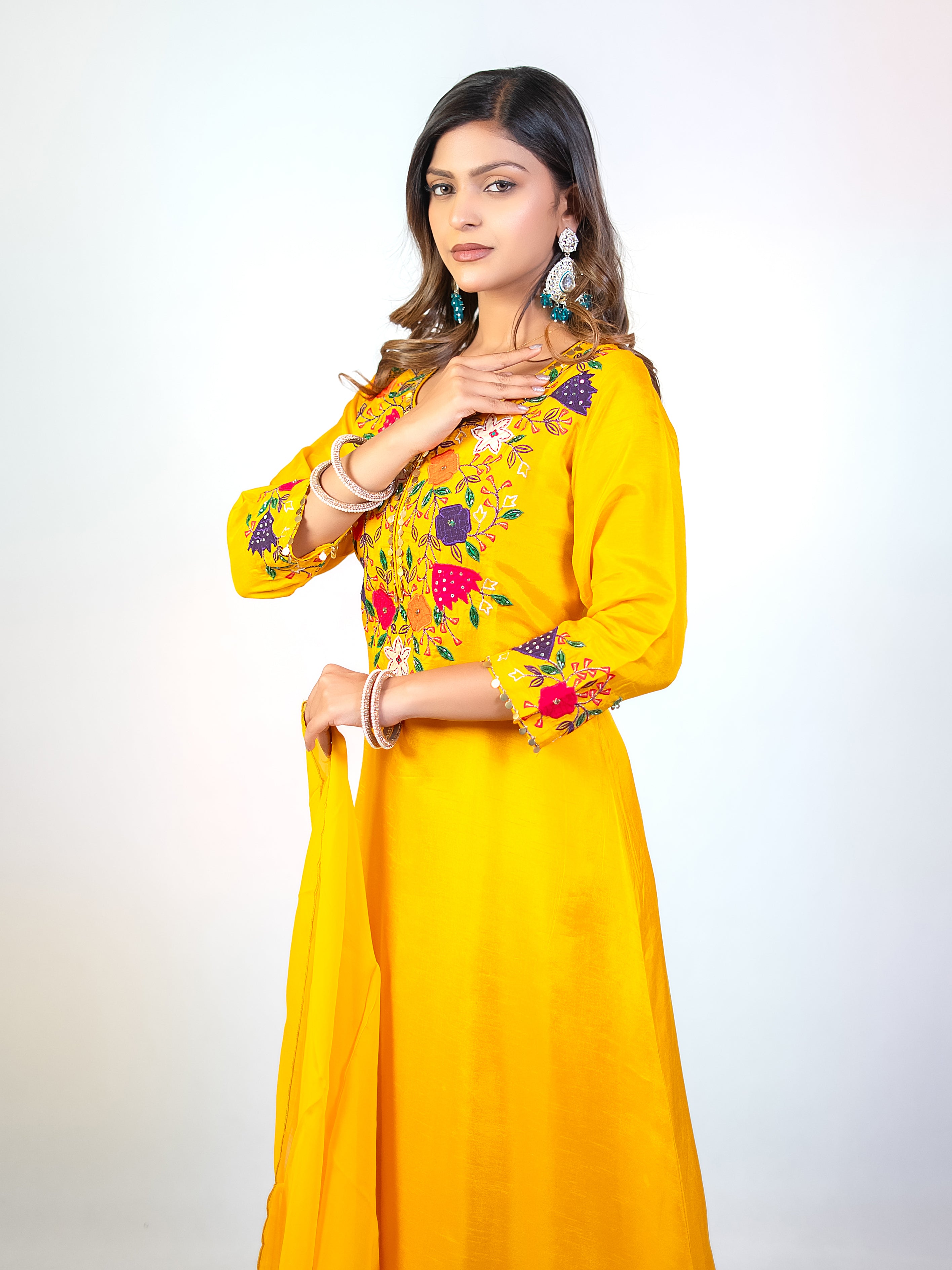 Yellow Dola Silk A-Line Salwar Suit