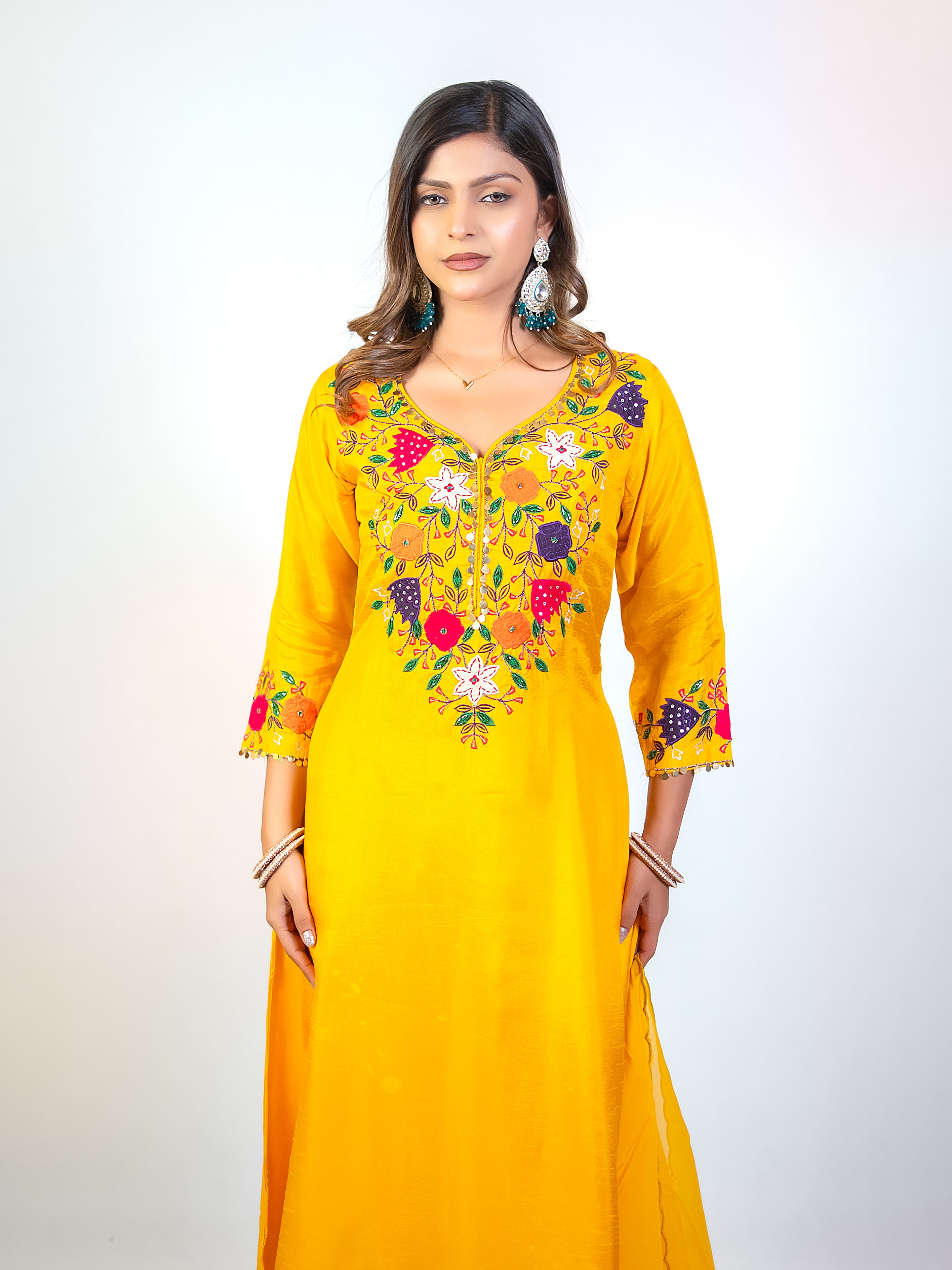 Yellow Dola Silk A-Line Salwar Suit