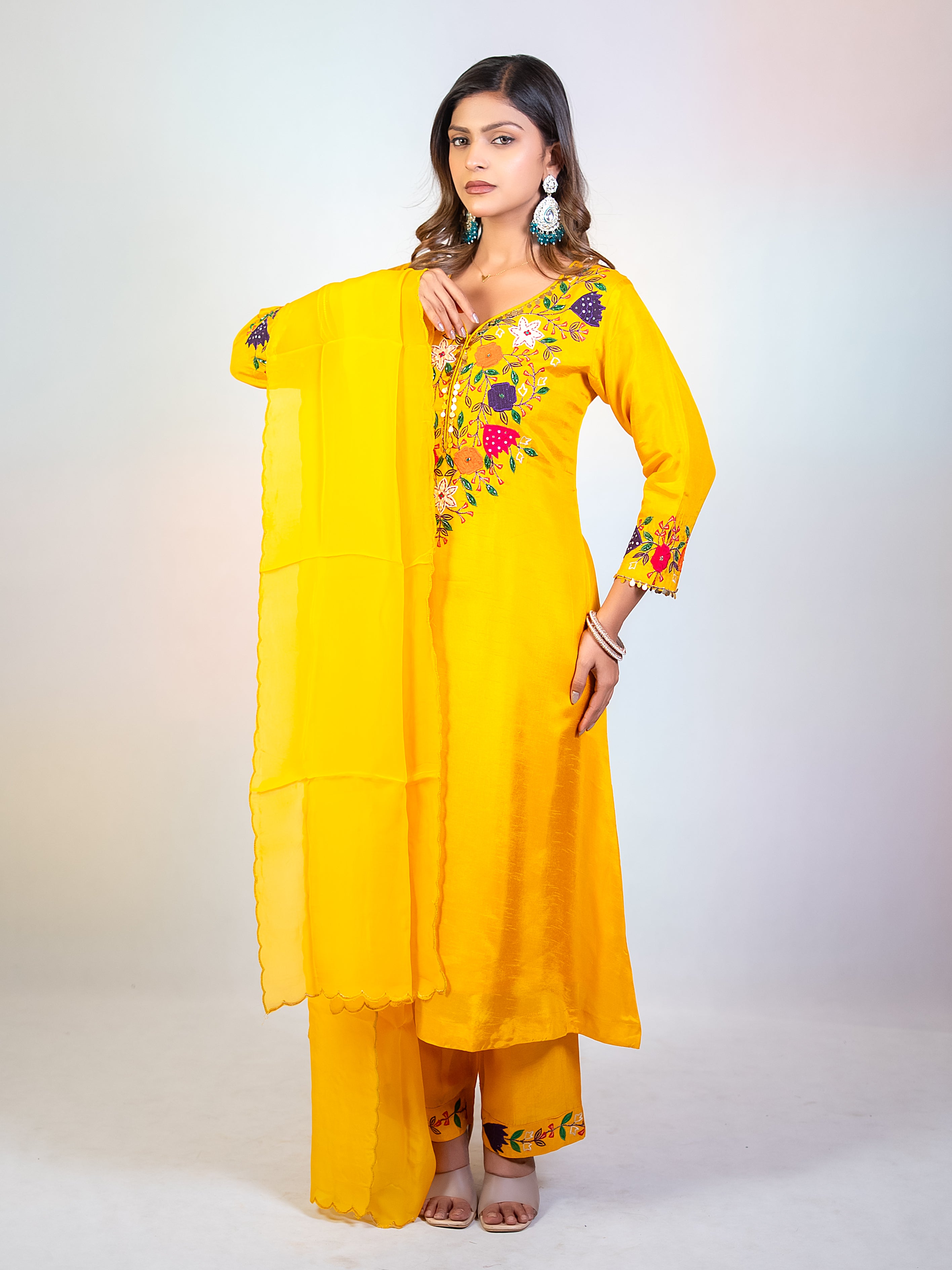 Yellow Dola Silk A-Line Salwar Suit