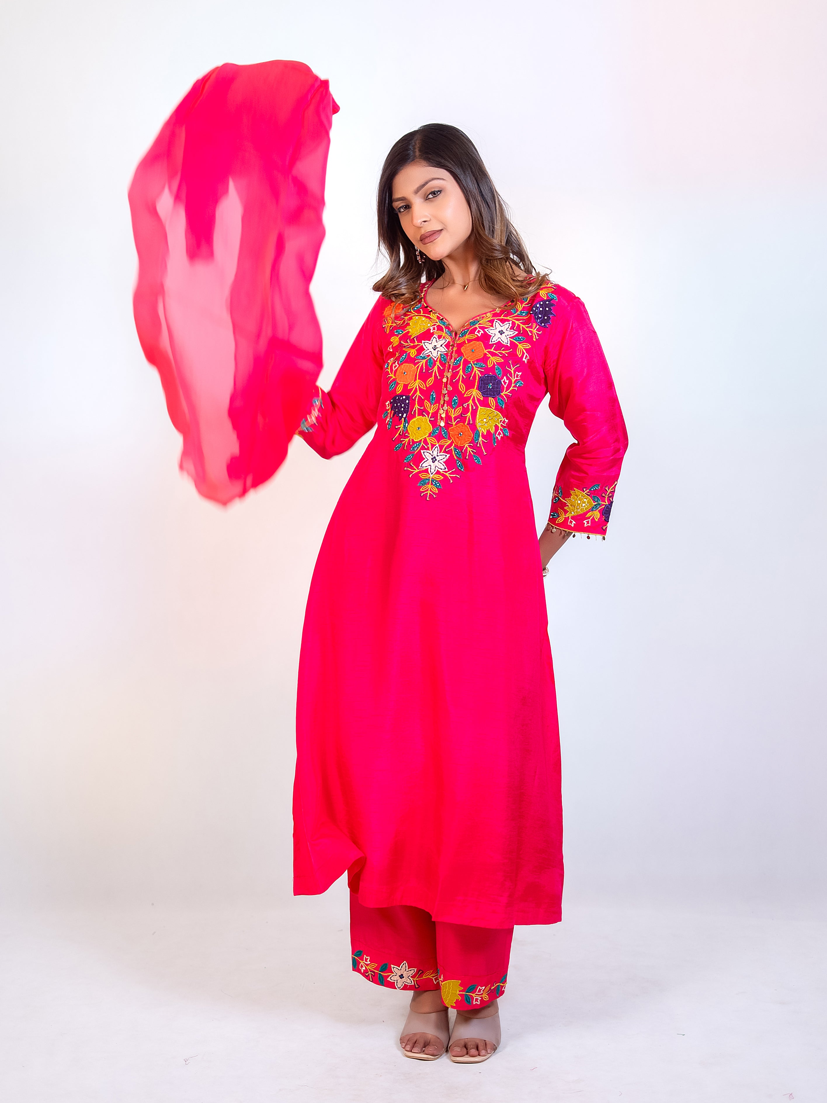 Pink Dola Silk A-Line Salwar Suit