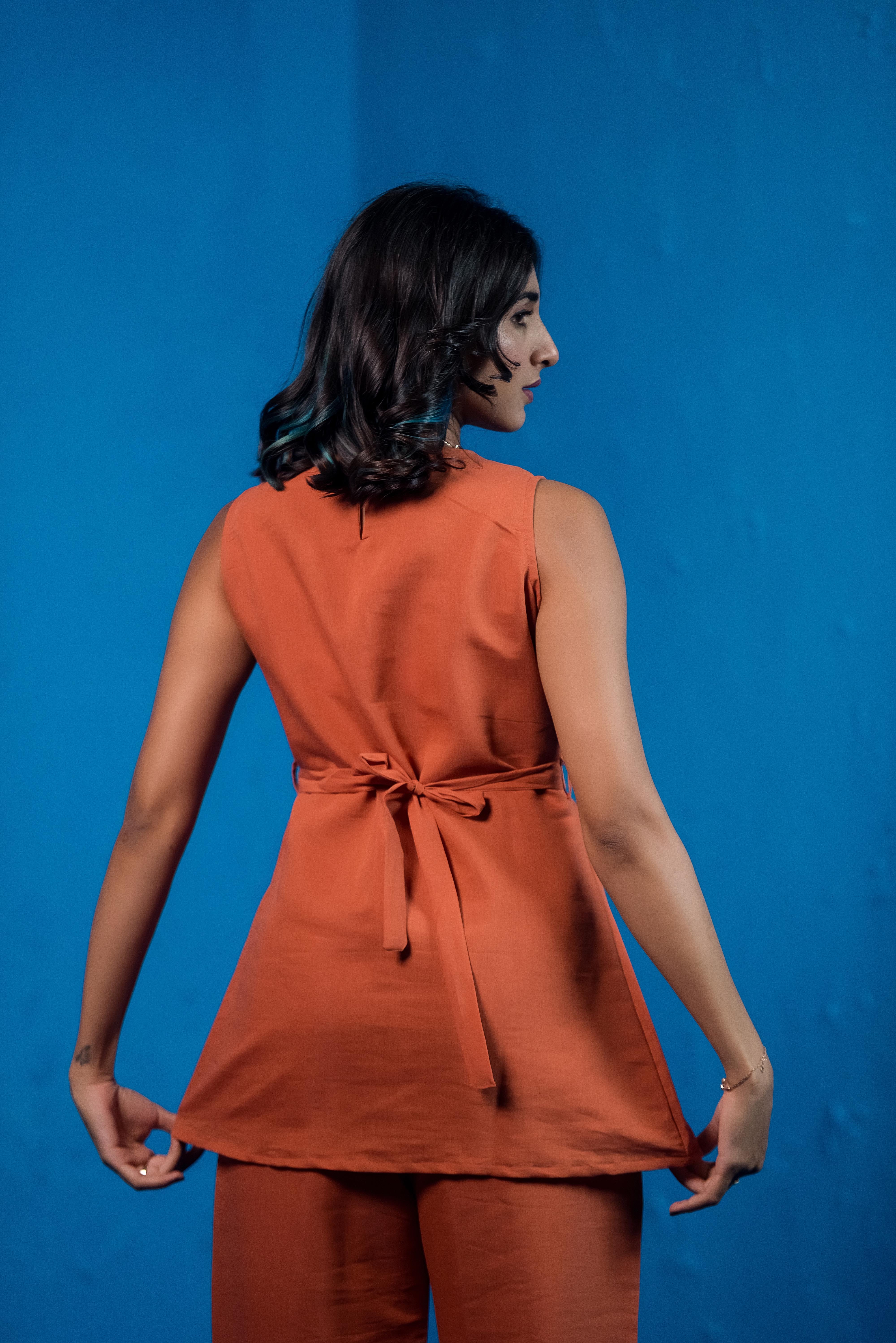 Orange Co-ord Set with Round Neck & Exquisite Embroidery
