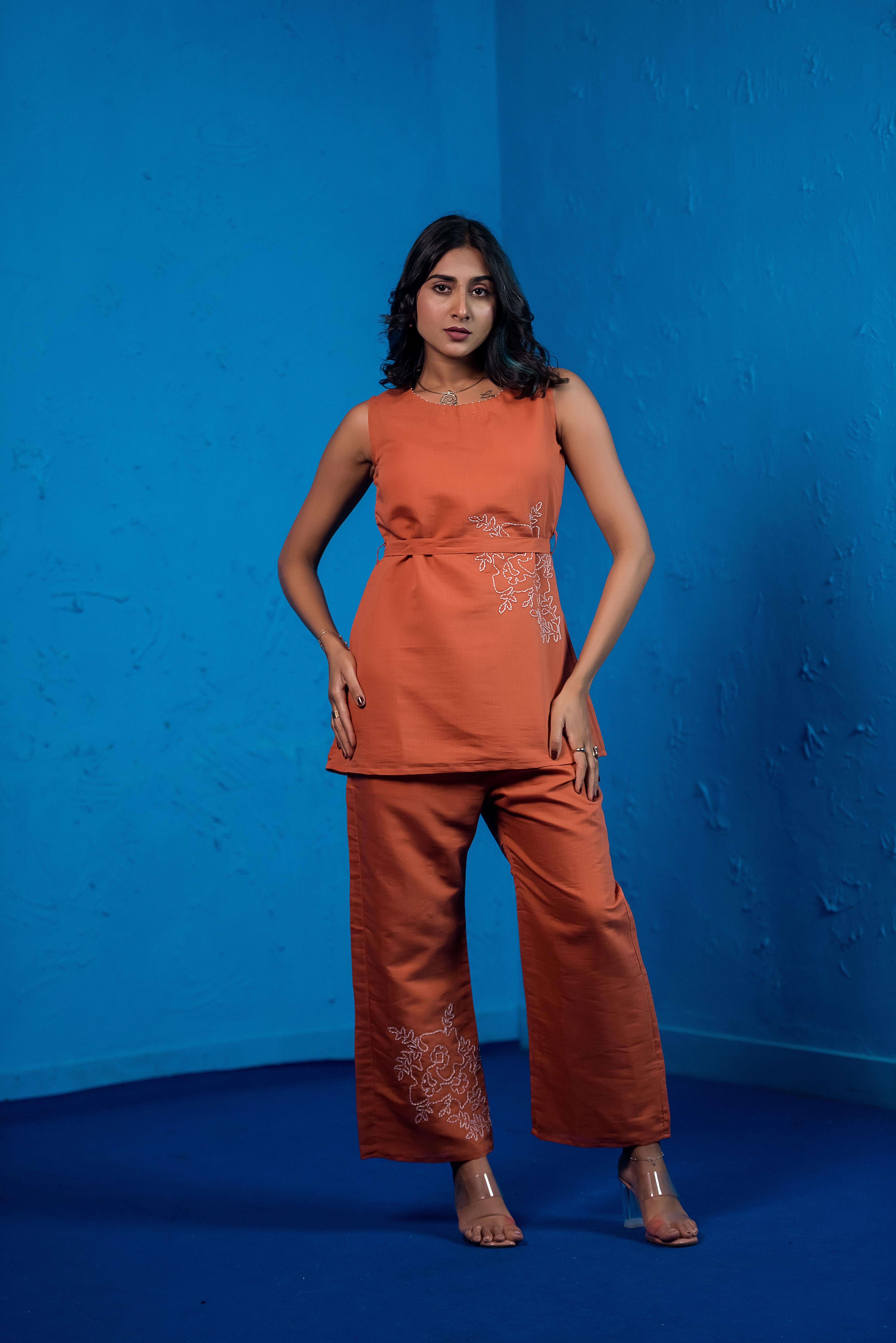 Orange Co-ord Set with Round Neck & Exquisite Embroidery