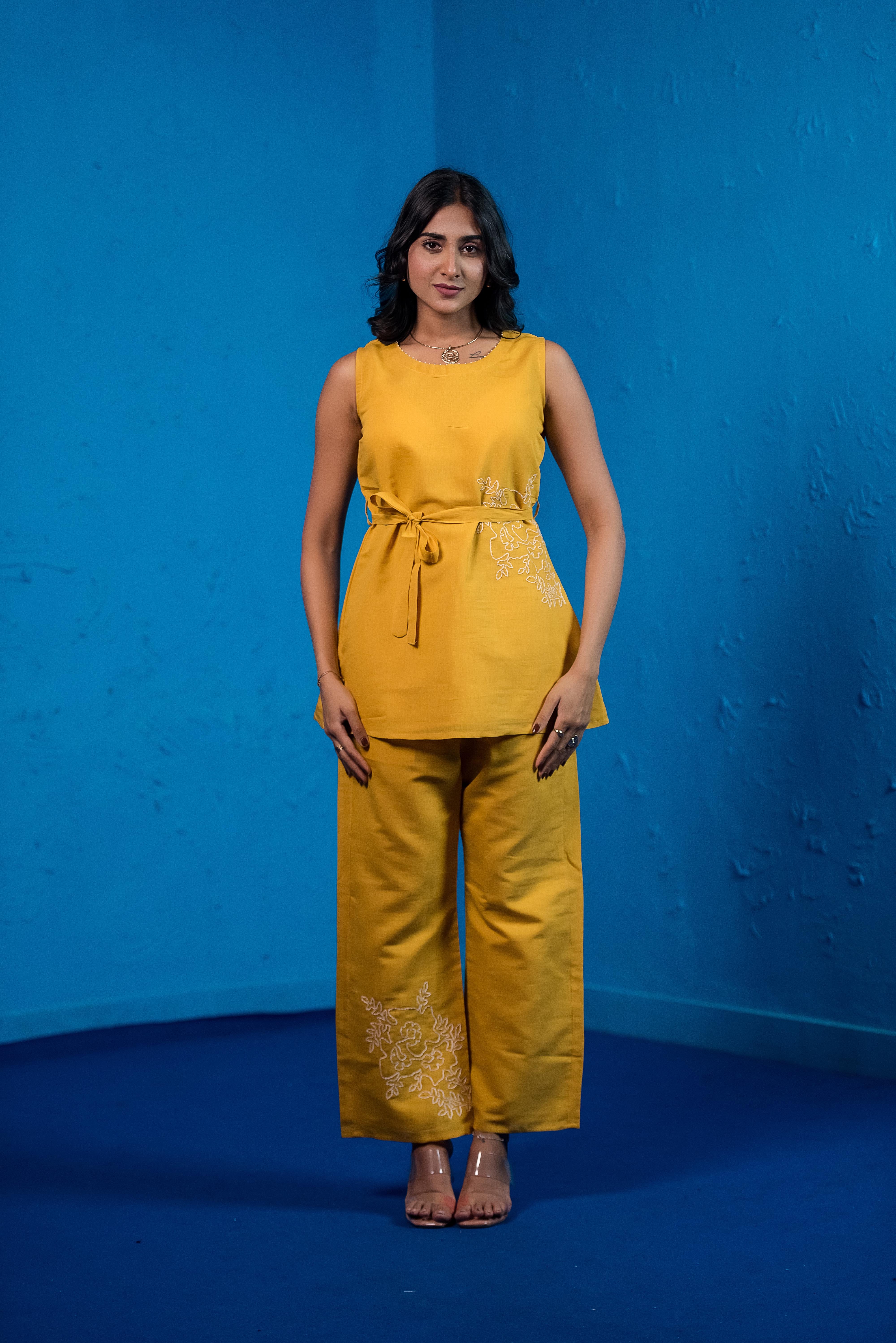Yellow Co-ord Set with Round Neck & Exquisite Embroidery