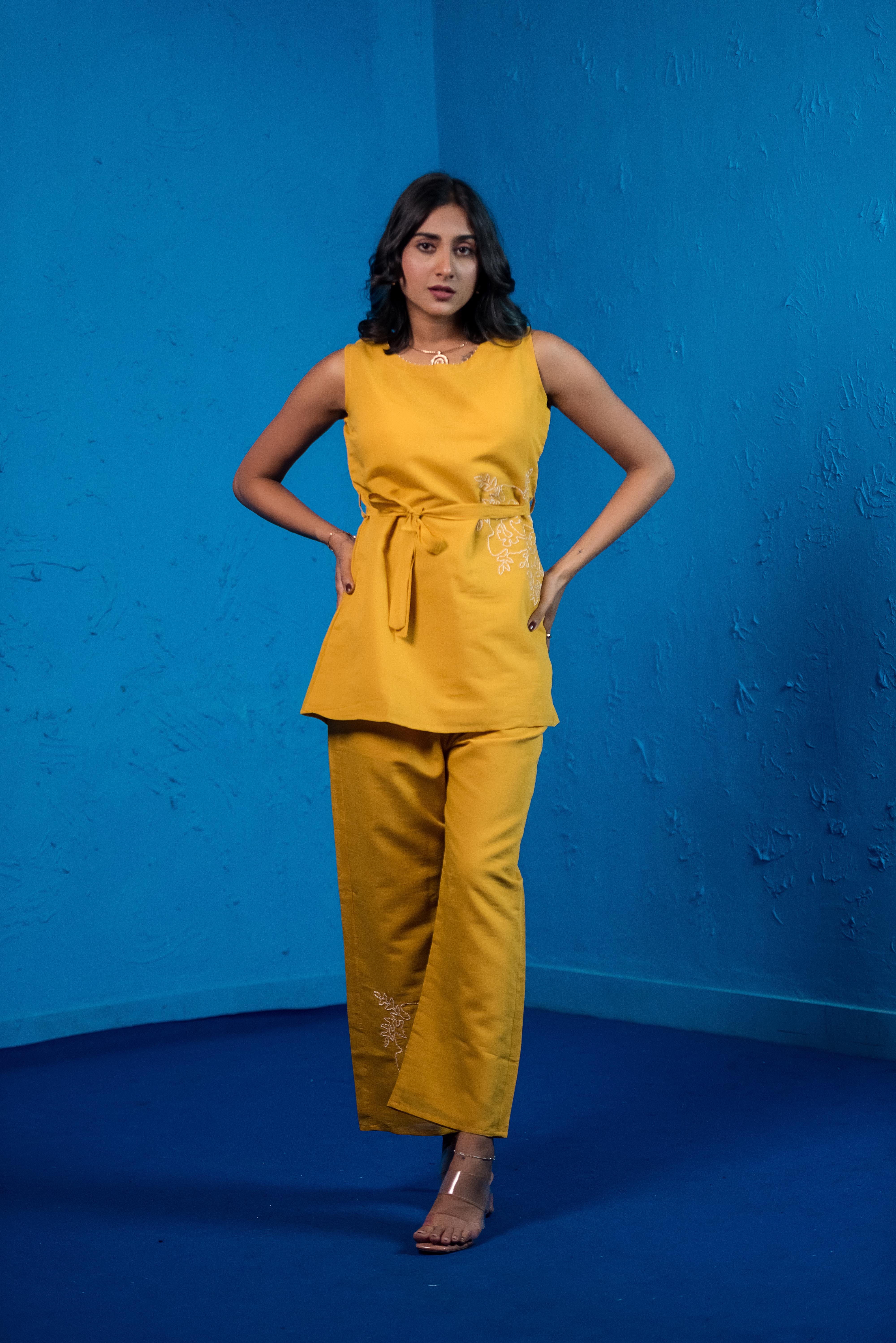 Yellow Co-ord Set with Round Neck & Exquisite Embroidery