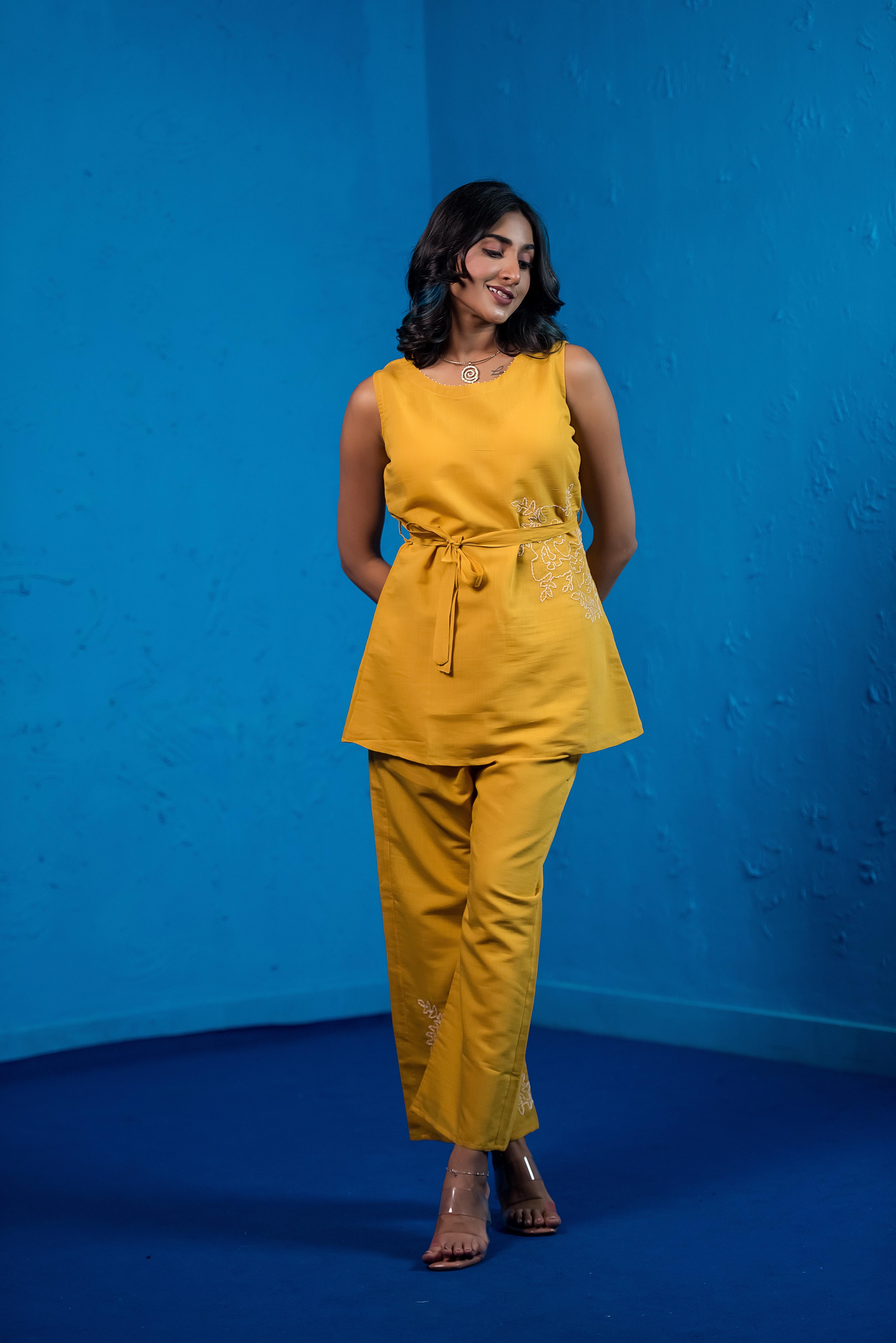 Yellow Co-ord Set with Round Neck & Exquisite Embroidery
