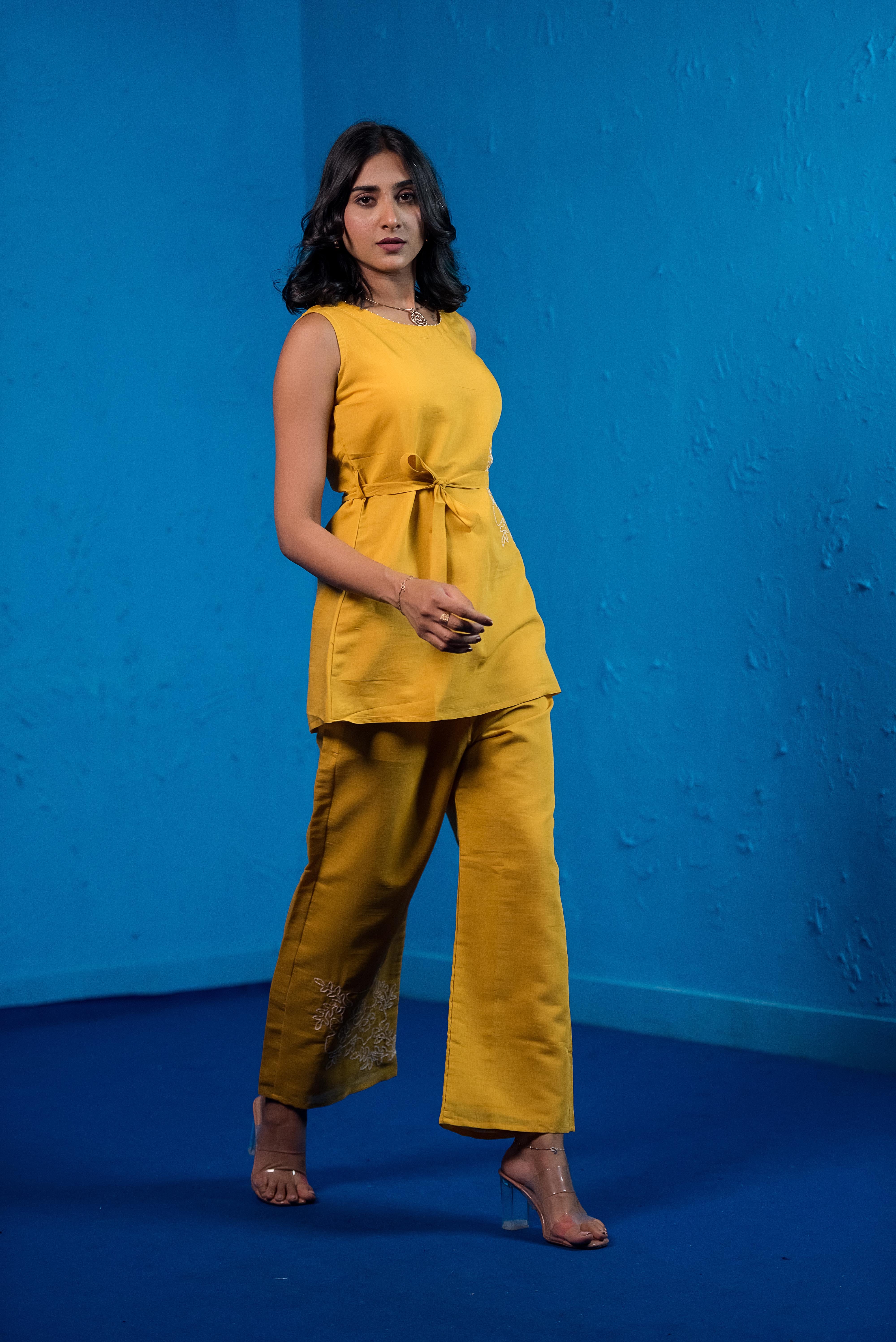 Yellow Co-ord Set with Round Neck & Exquisite Embroidery