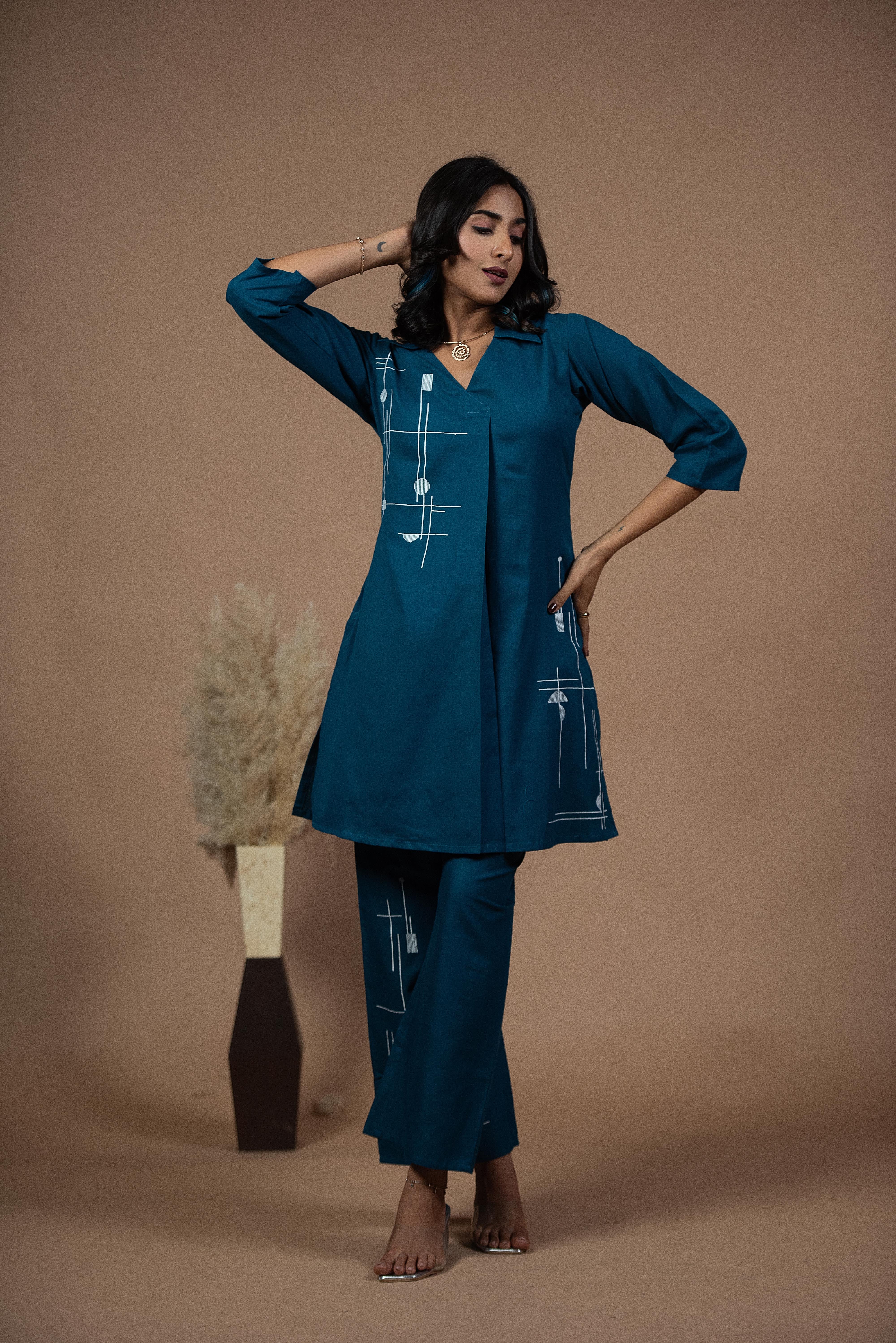 Versatile Blue Co-ord Set with Refined Neckline