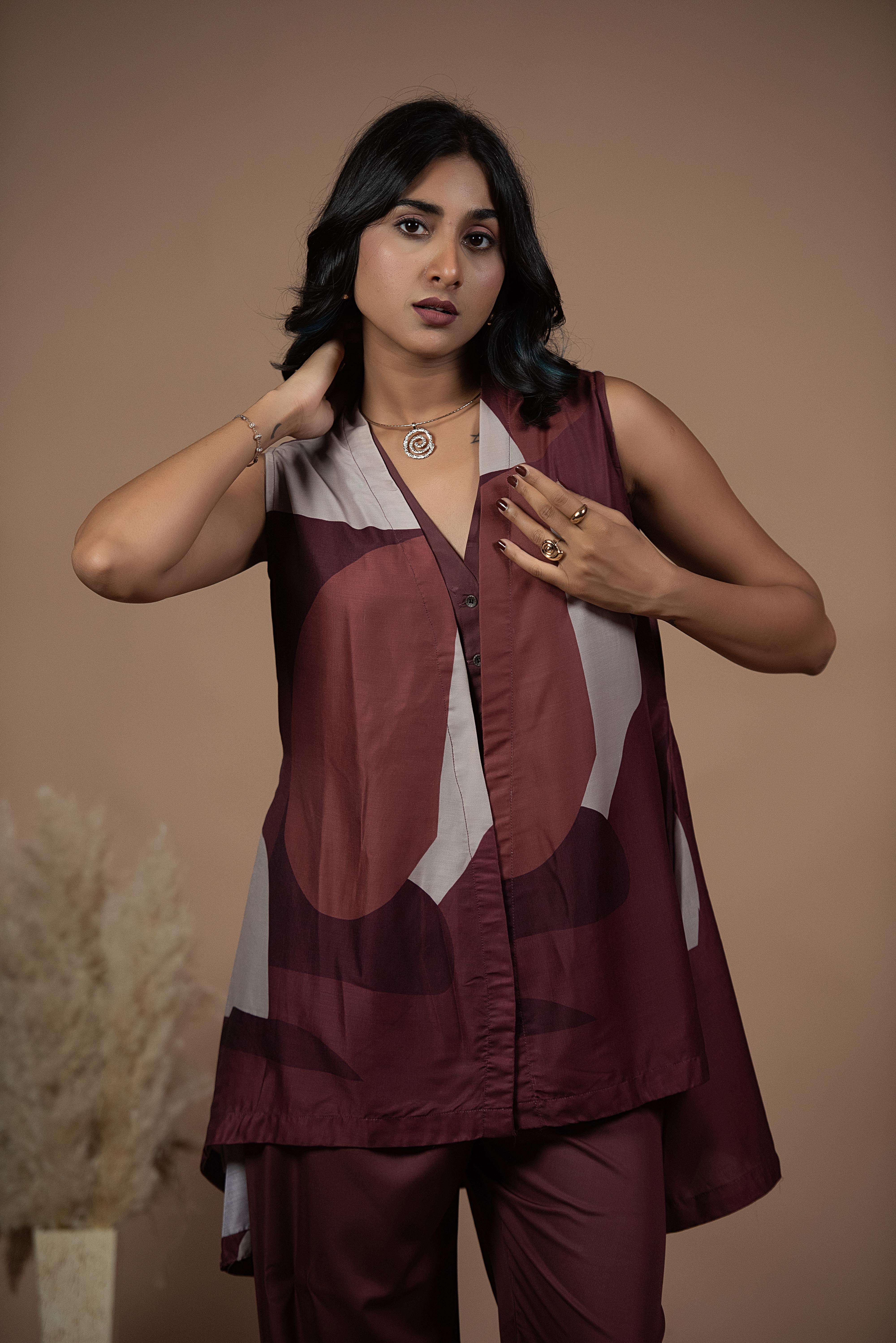 Elegant Wine Sleeveless Co-ord Set