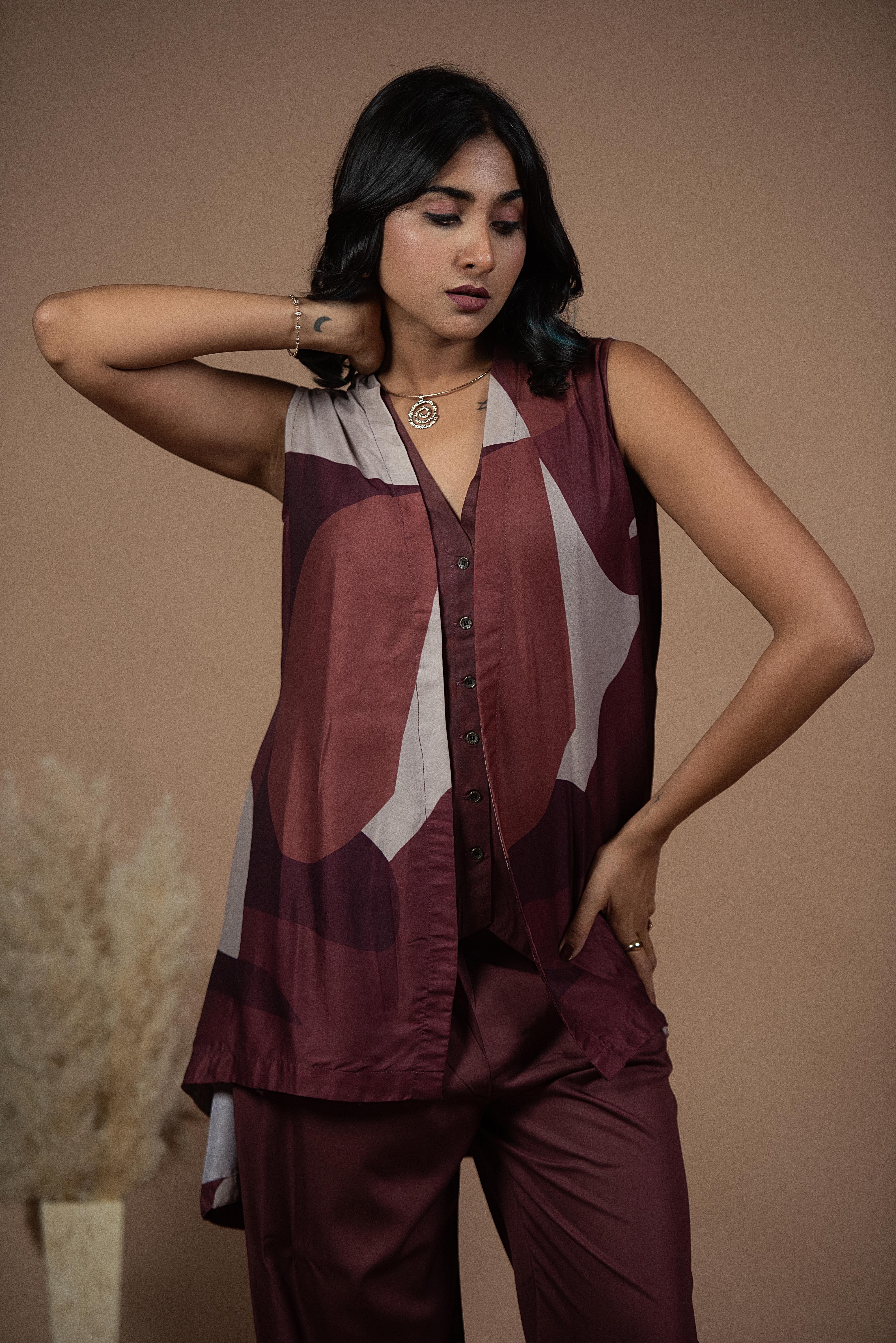 Elegant Wine Sleeveless Co-ord Set