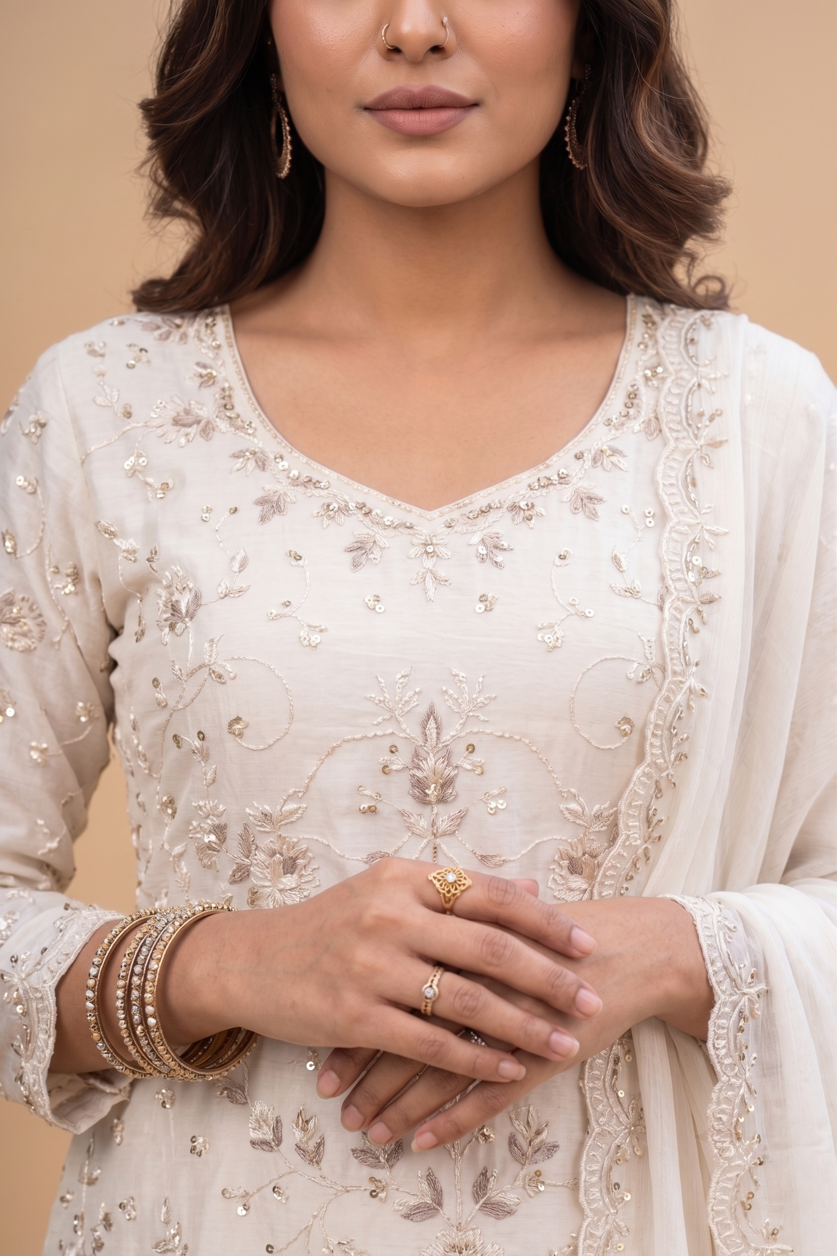 Cream Chinnon straight festive salwar suit