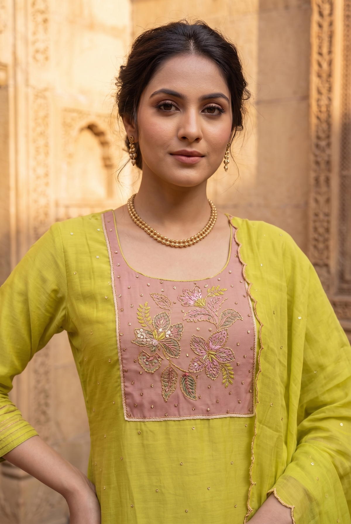 Mustered poly mal chanderi straight festive salwar suit