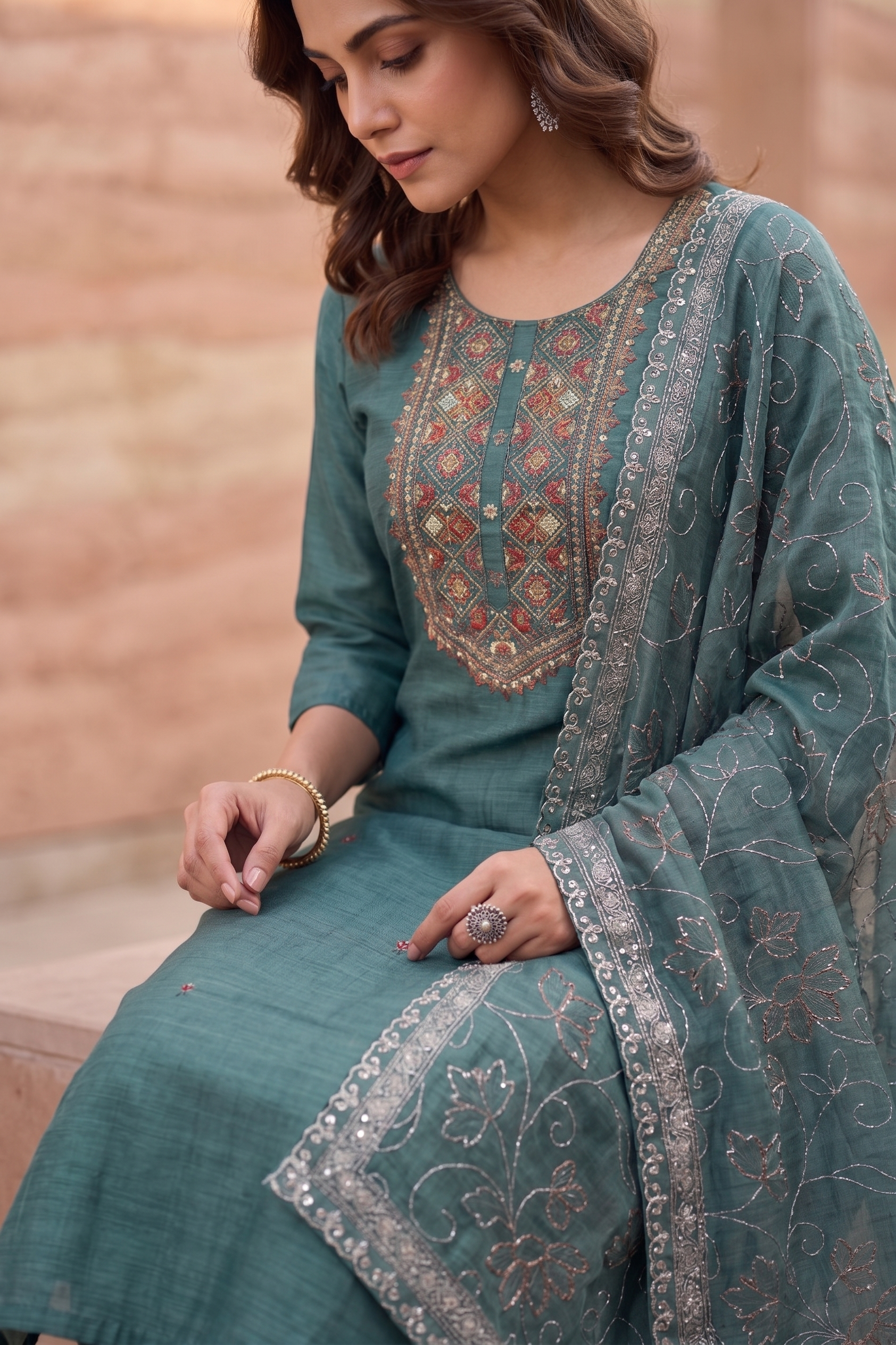 Graceful Green Poly Mal Chanderi Straight Salwar Suit