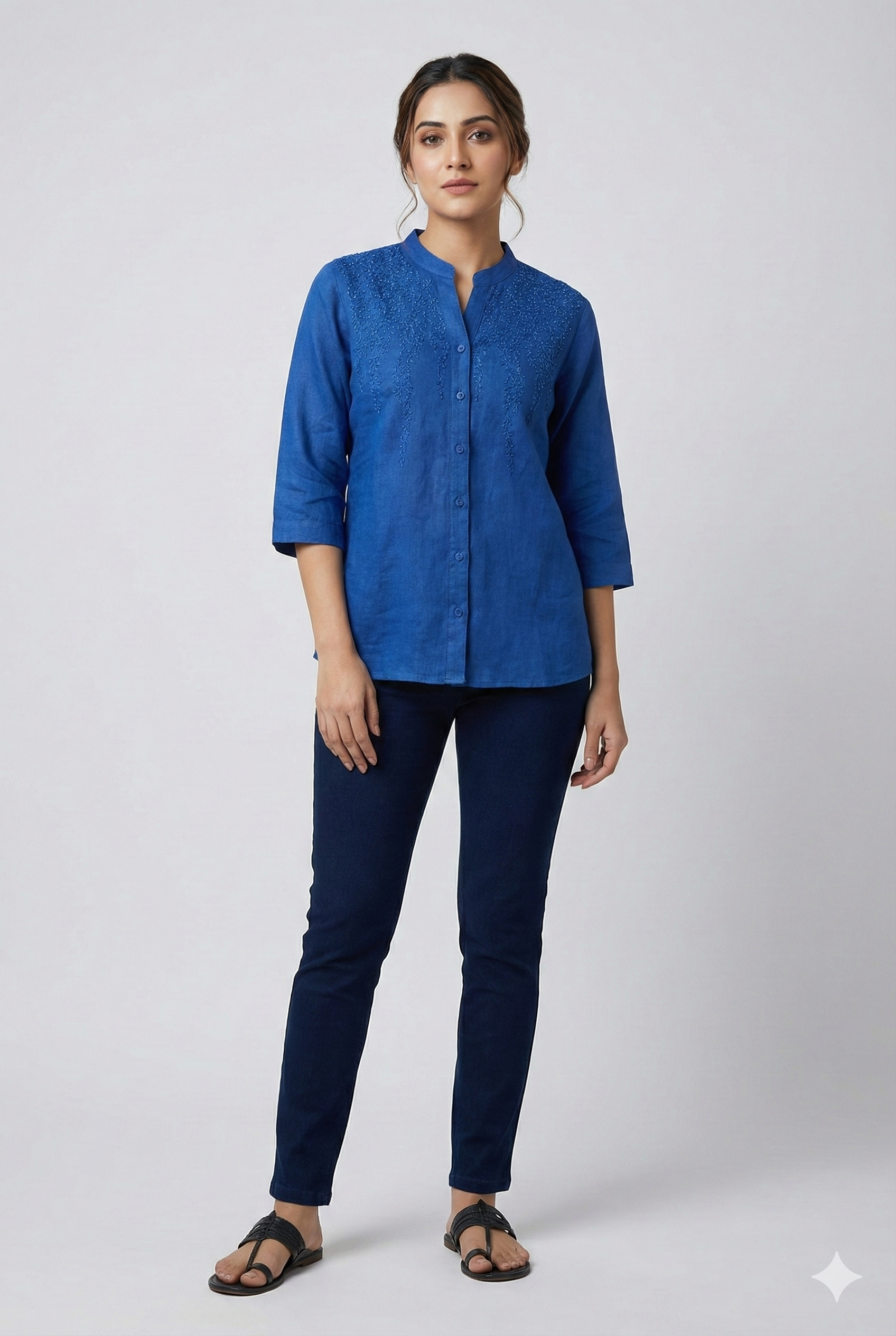 Women's Mandarin Collar Shirt with Thread Embroidery