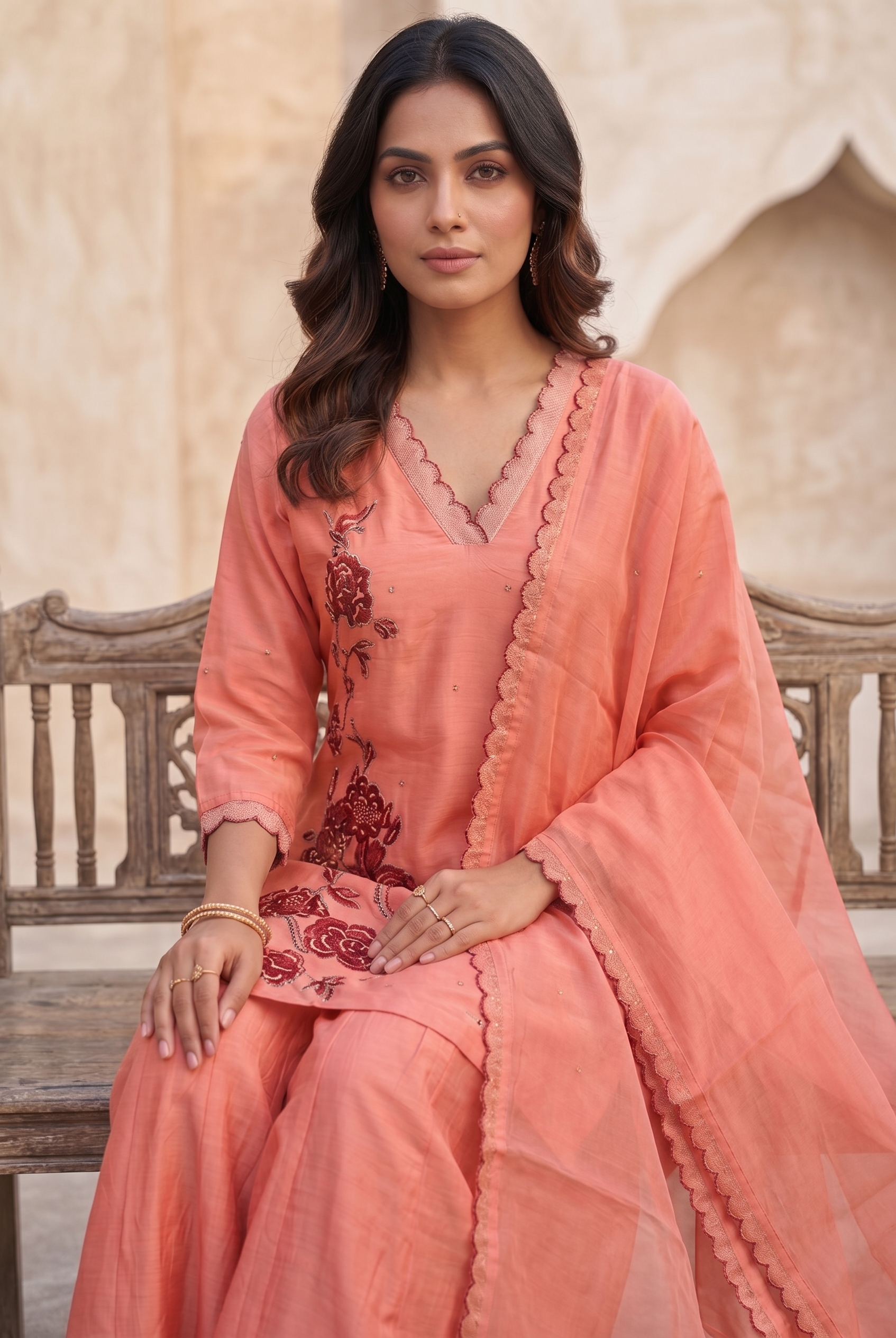 Peach Dola Silk Straight Suit Set