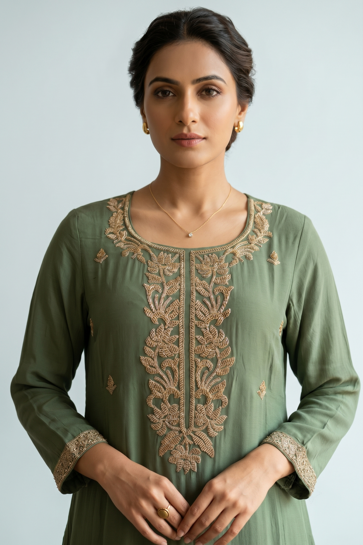 Green Chinnon silk Straight Suit Set
